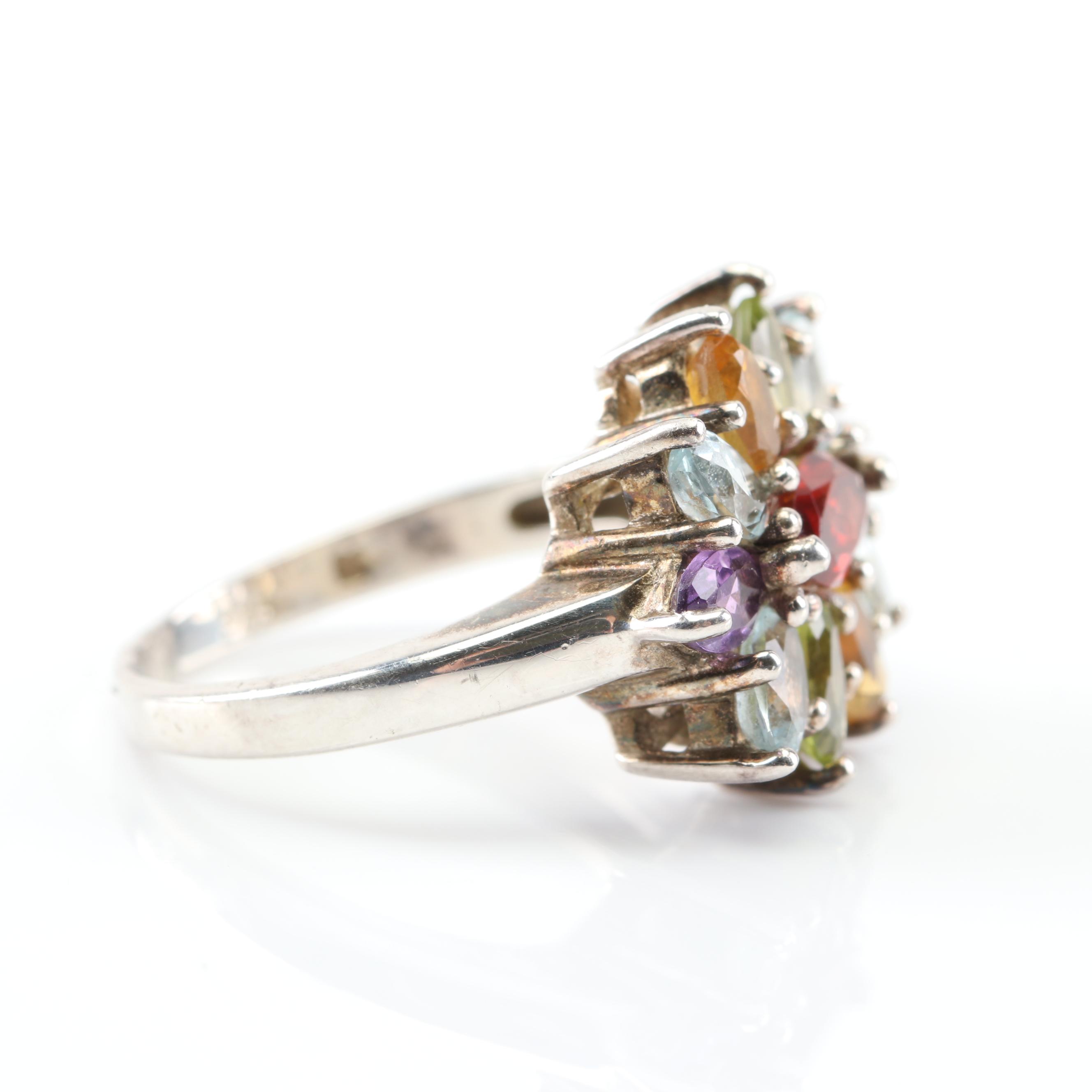 Sterling Silver Multi-Gemstone Flower Ring