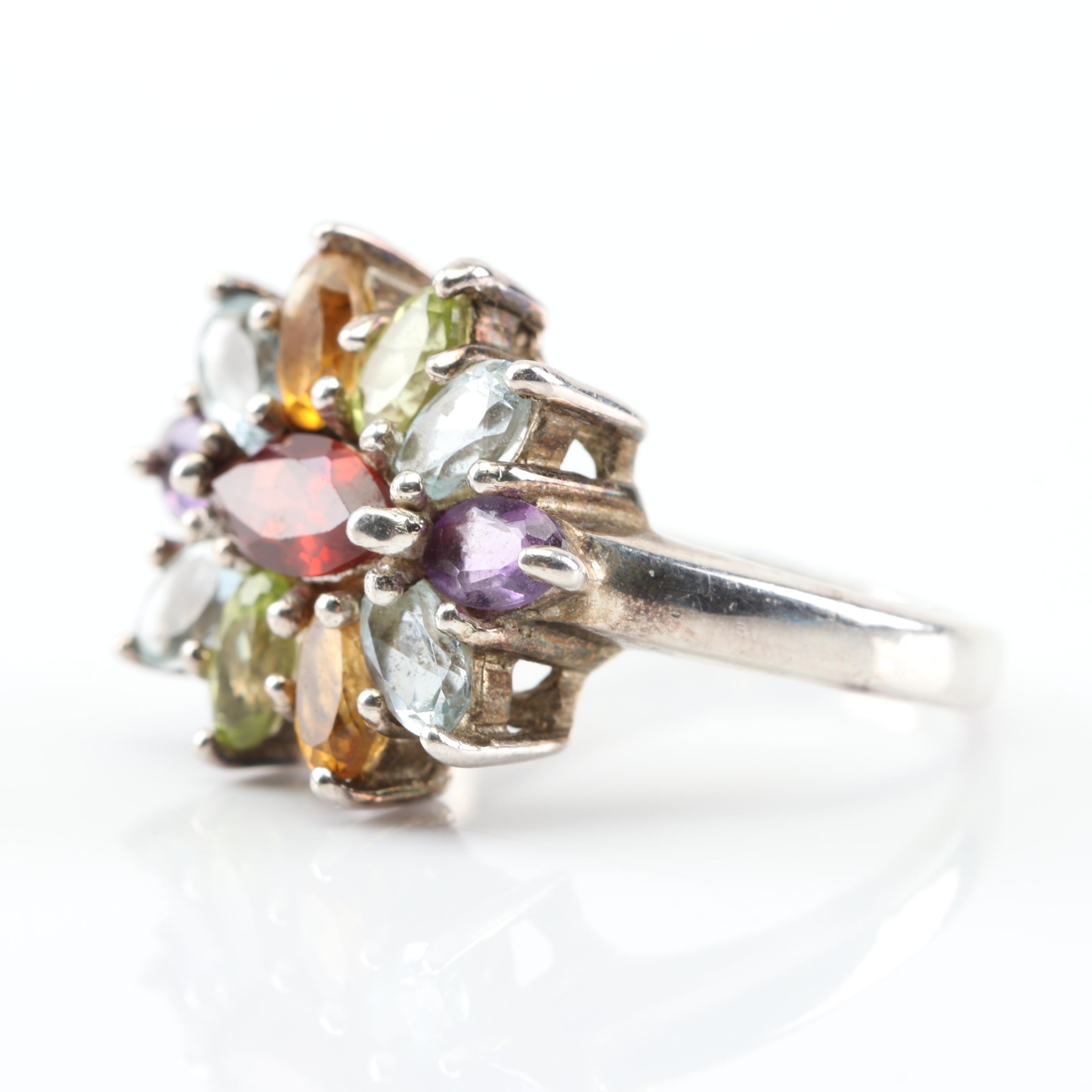 Sterling Silver Multi-Gemstone Flower Ring