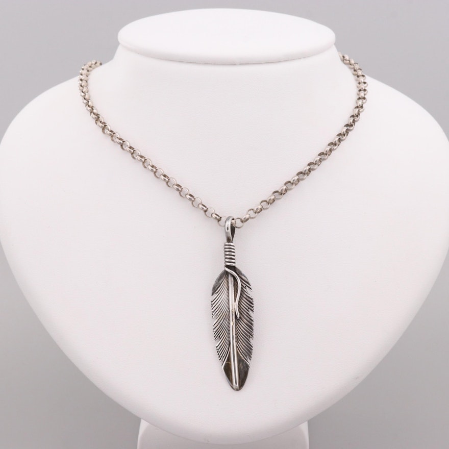 Harvey Mace Navajo Diné Sterling Silver Feather Pendant Necklace