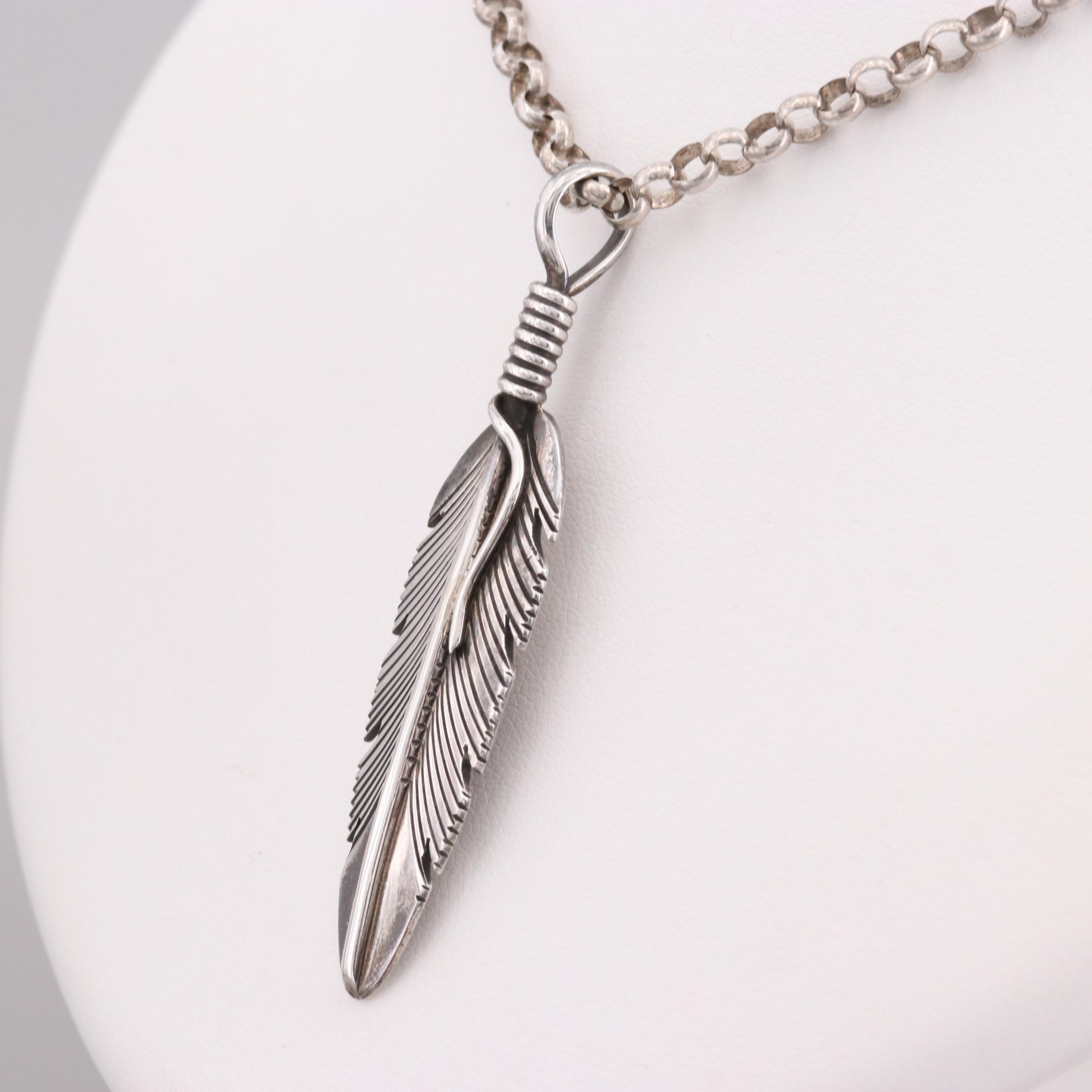 Harvey Mace Navajo Diné Sterling Silver Feather Pendant Necklace
