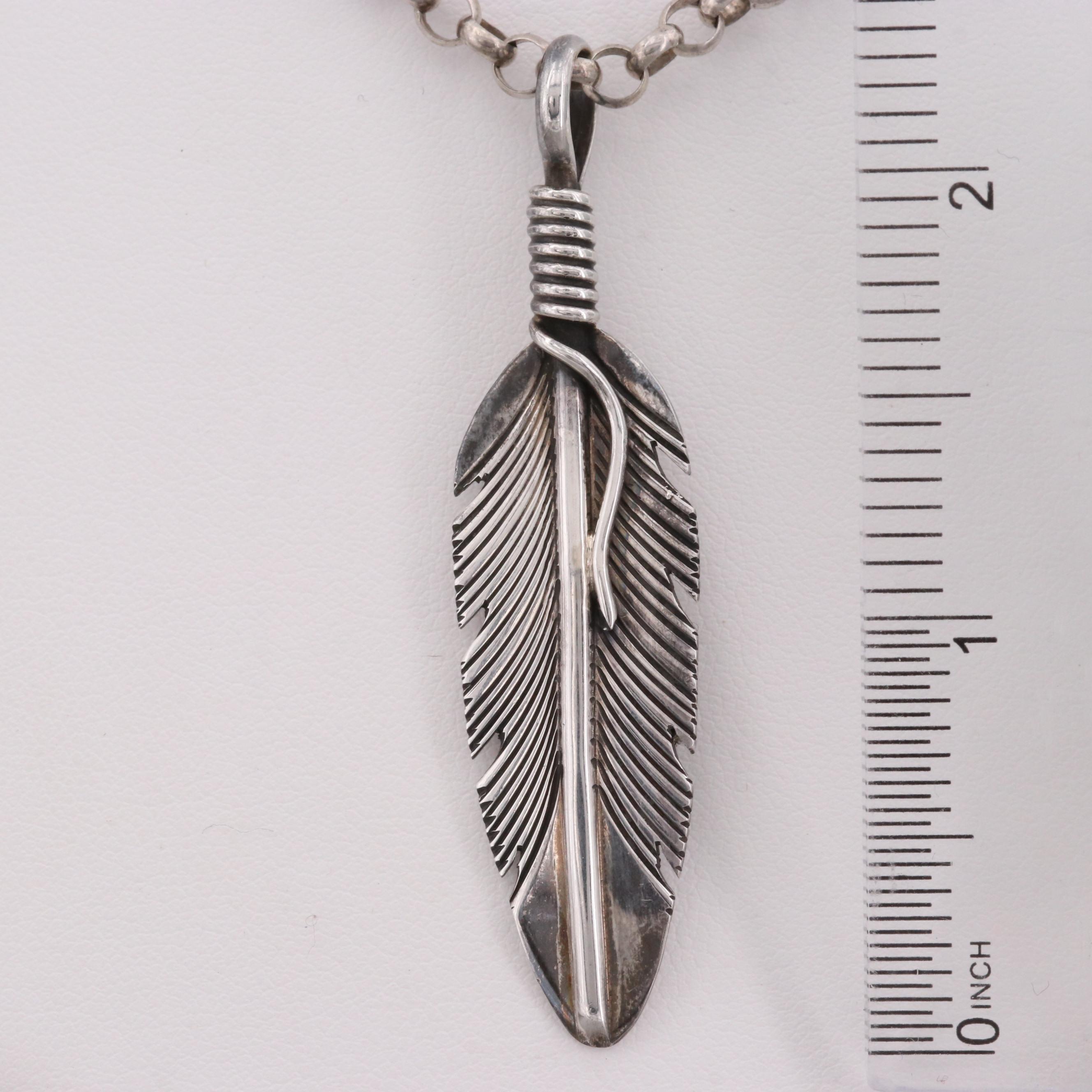 Harvey Mace Navajo Diné Sterling Silver Feather Pendant Necklace