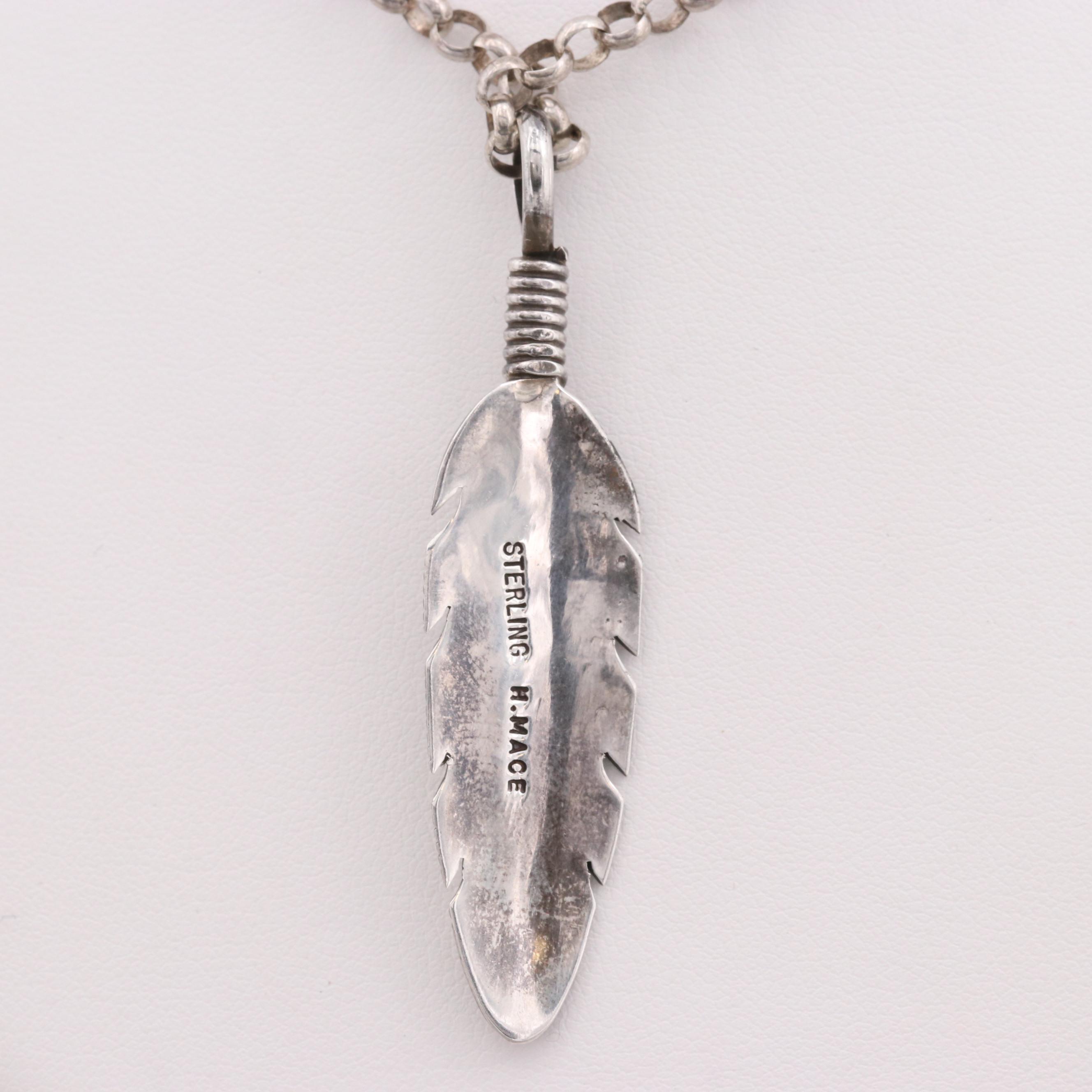 Harvey Mace Navajo Diné Sterling Silver Feather Pendant Necklace