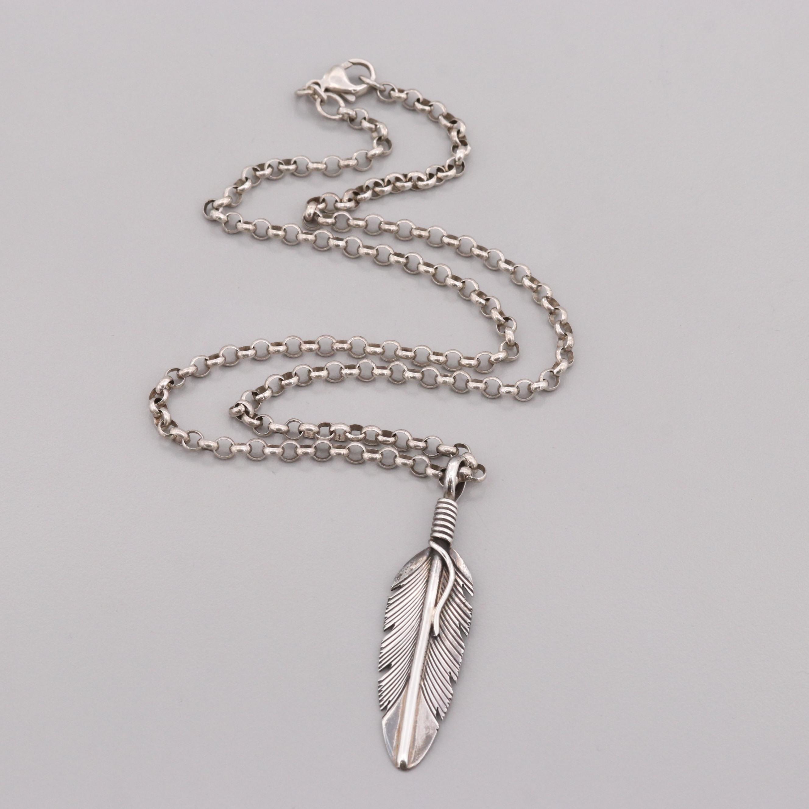 Harvey Mace Navajo Diné Sterling Silver Feather Pendant Necklace