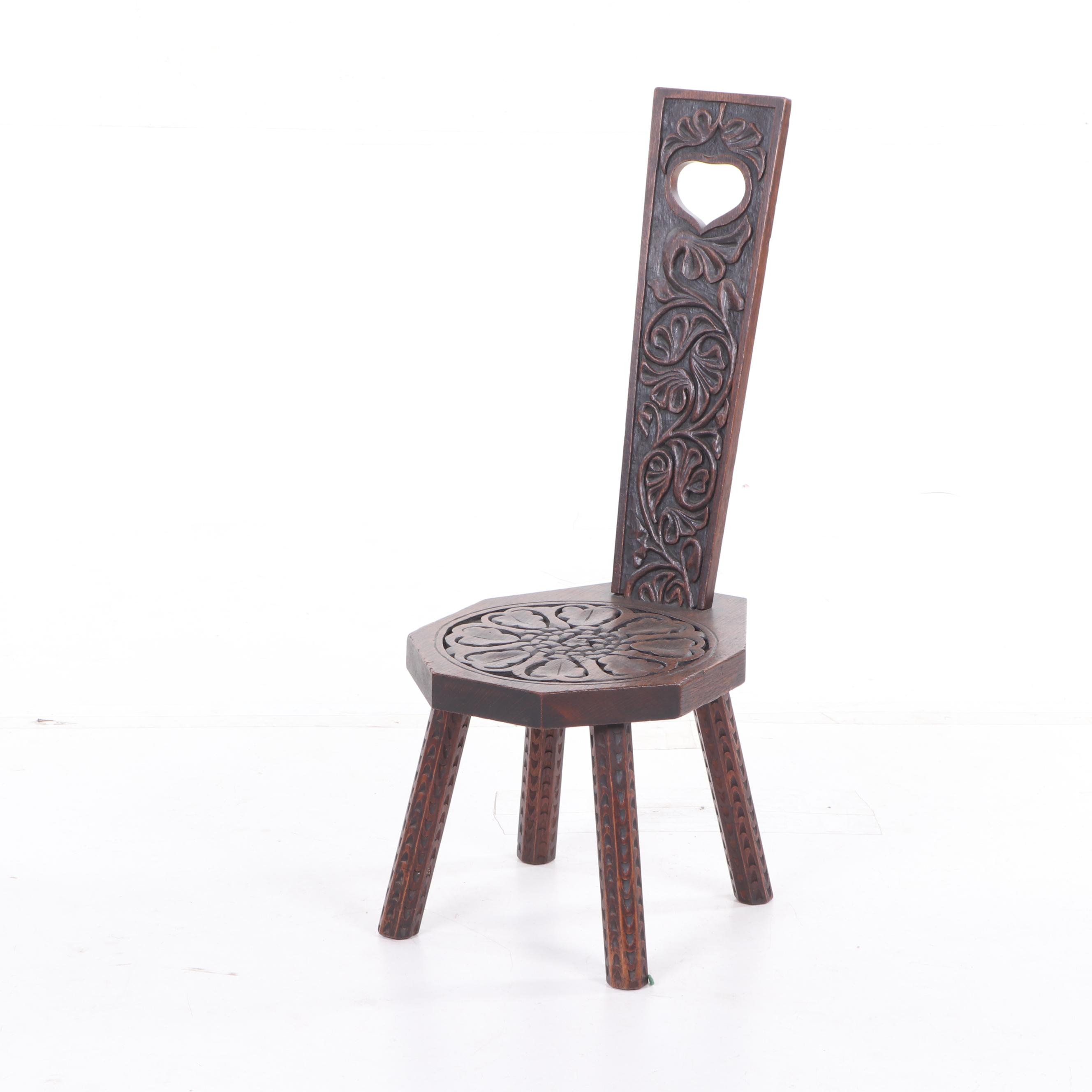 Arts and Crafts Carved Oak Welsh Spinning Stool, circa 1900