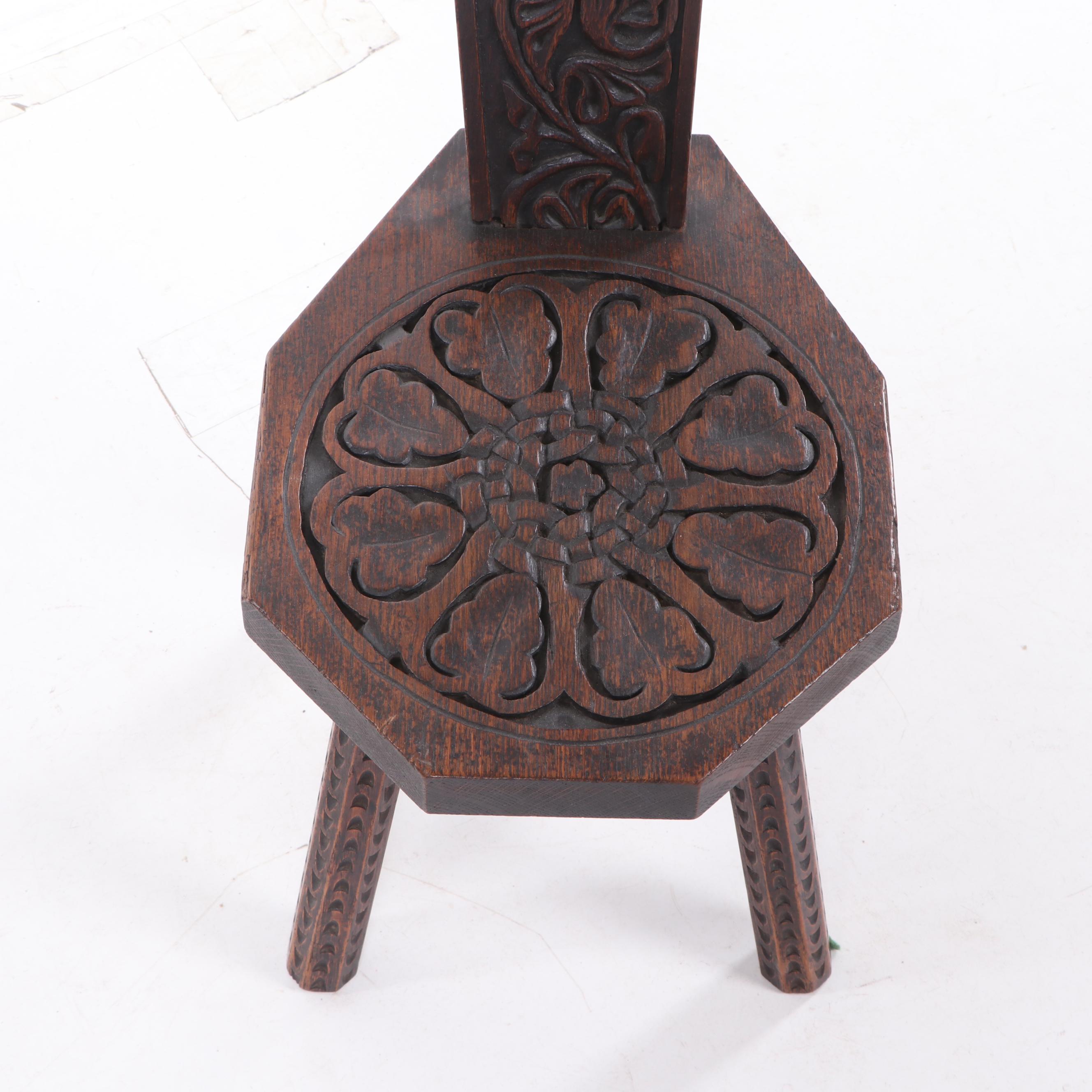 Arts and Crafts Carved Oak Welsh Spinning Stool, circa 1900