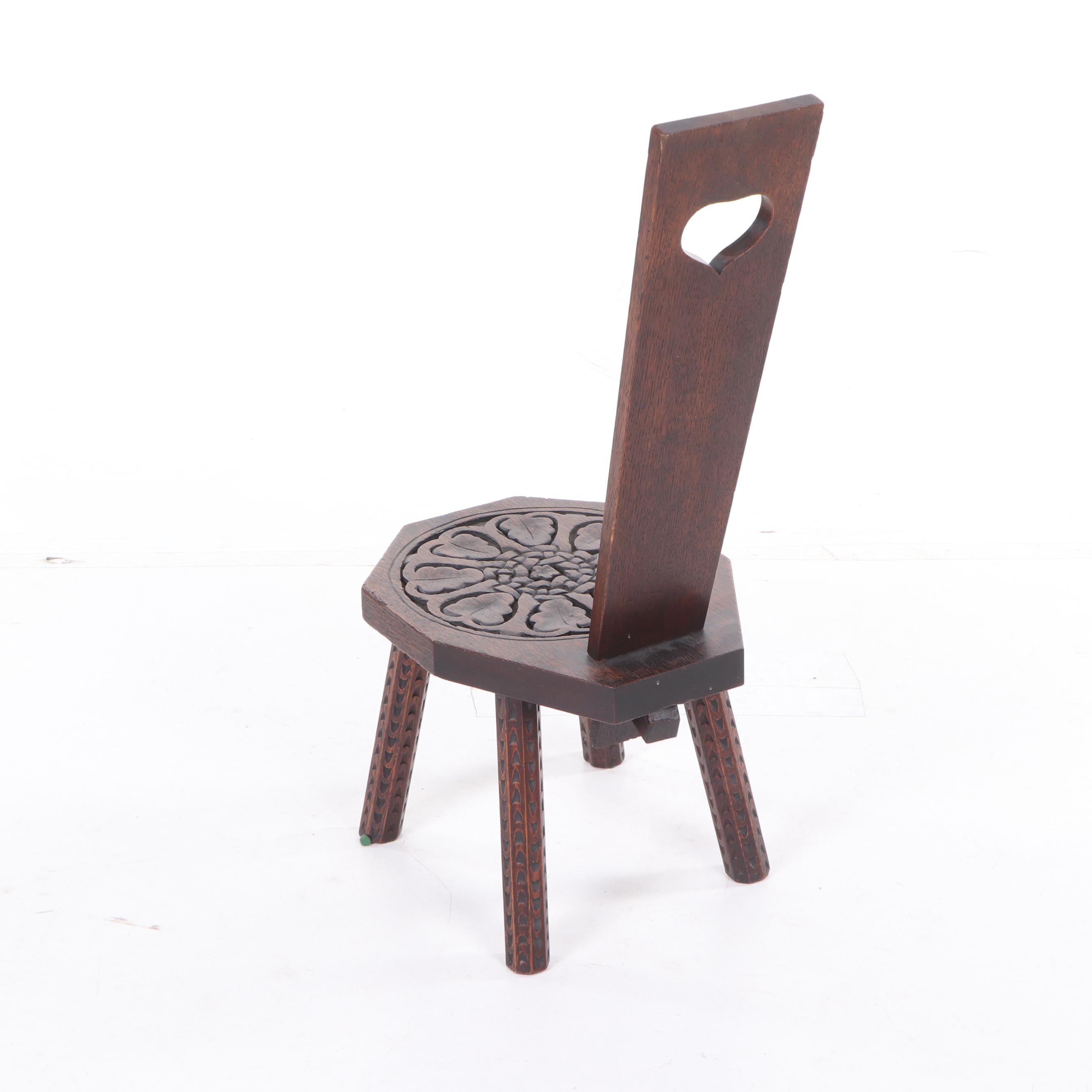 Arts and Crafts Carved Oak Welsh Spinning Stool, circa 1900