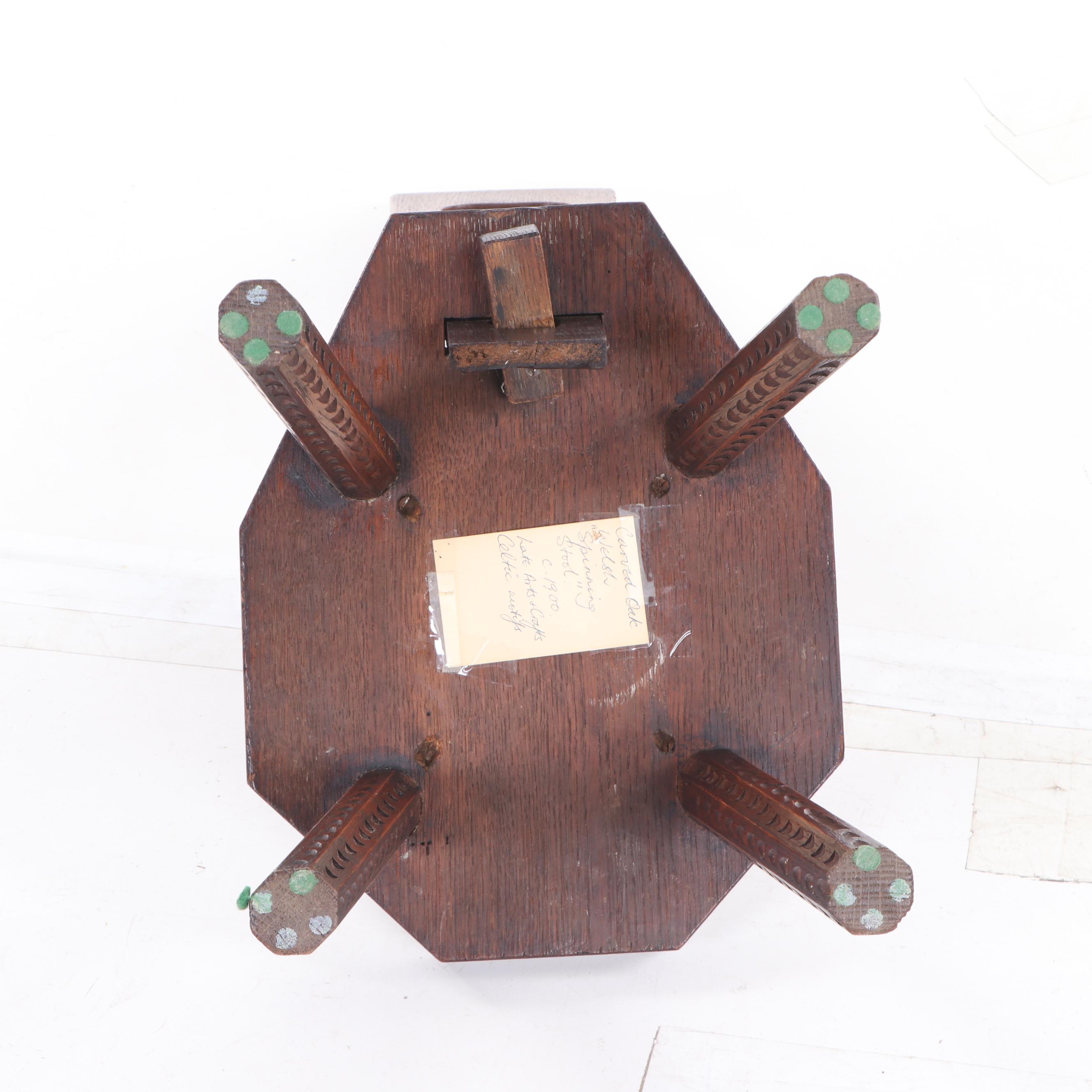 Arts and Crafts Carved Oak Welsh Spinning Stool, circa 1900