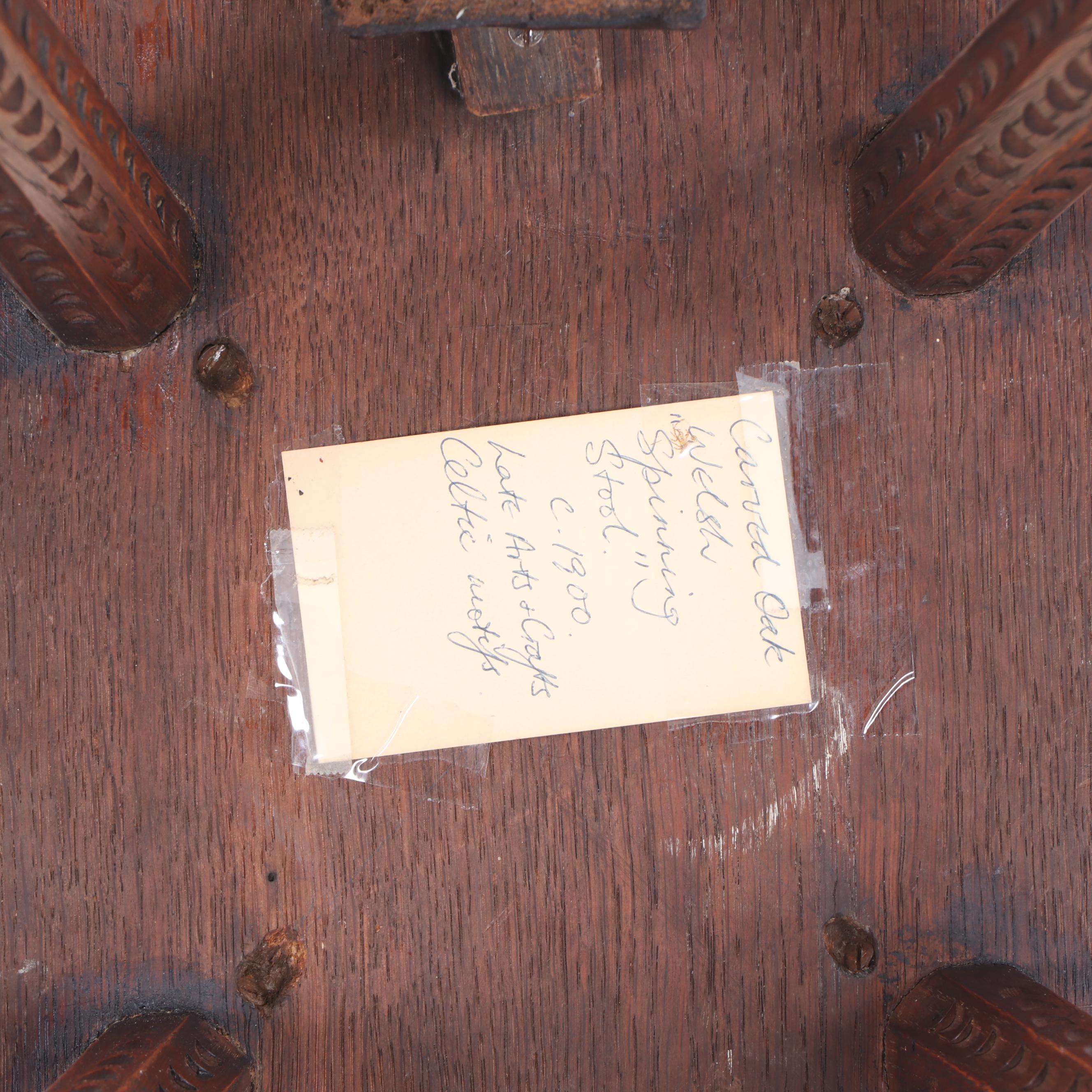 Arts and Crafts Carved Oak Welsh Spinning Stool, circa 1900