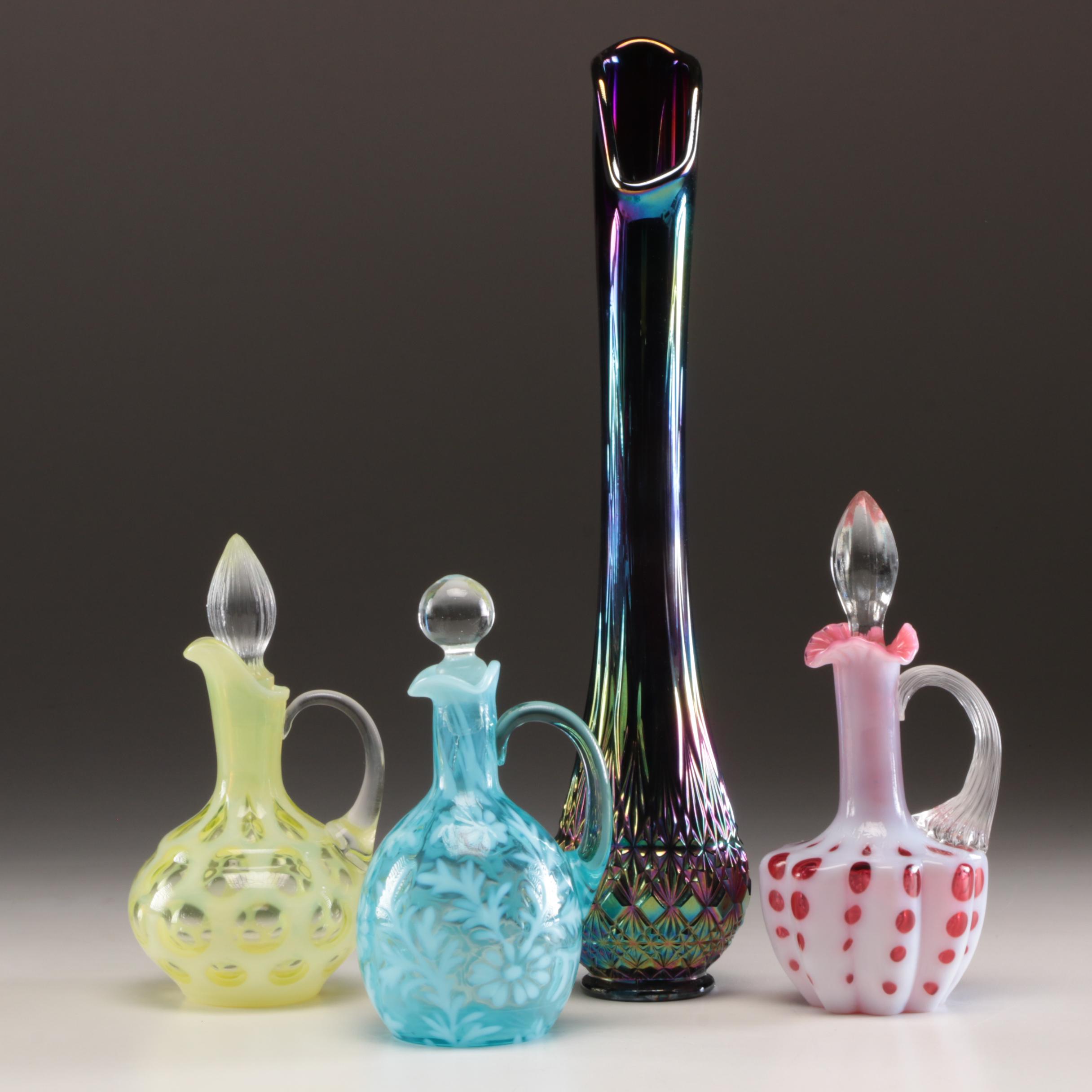 Fenton "Old Virginia Glass" Carnival Glass Vase with Northwood Cruets