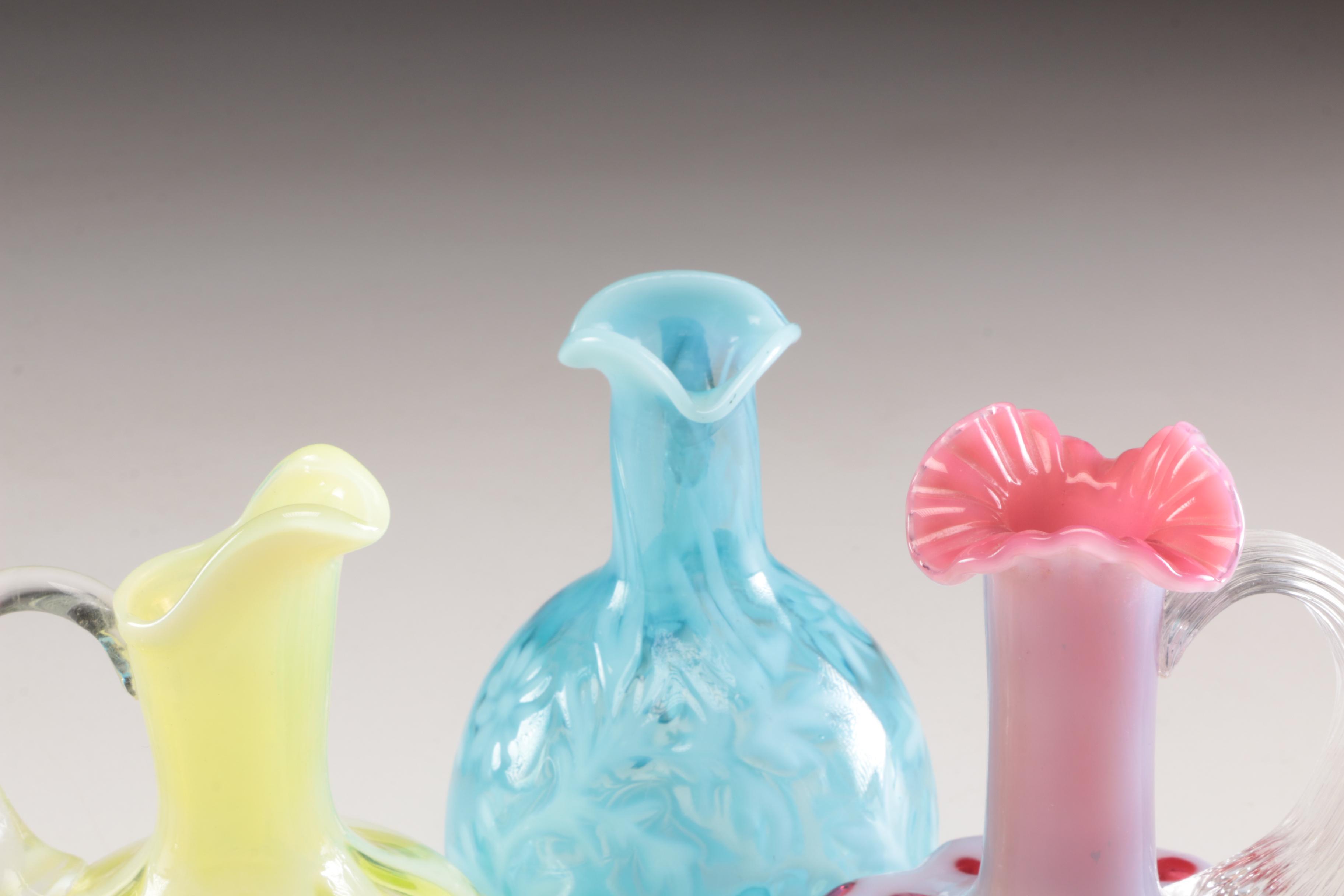 Fenton "Old Virginia Glass" Carnival Glass Vase with Northwood Cruets