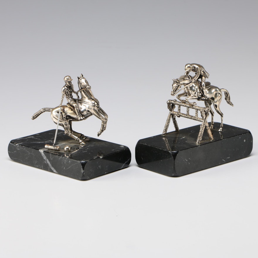 Spanish Sterling Silver Polo and Horse Jumping Figurines on Marble Bases