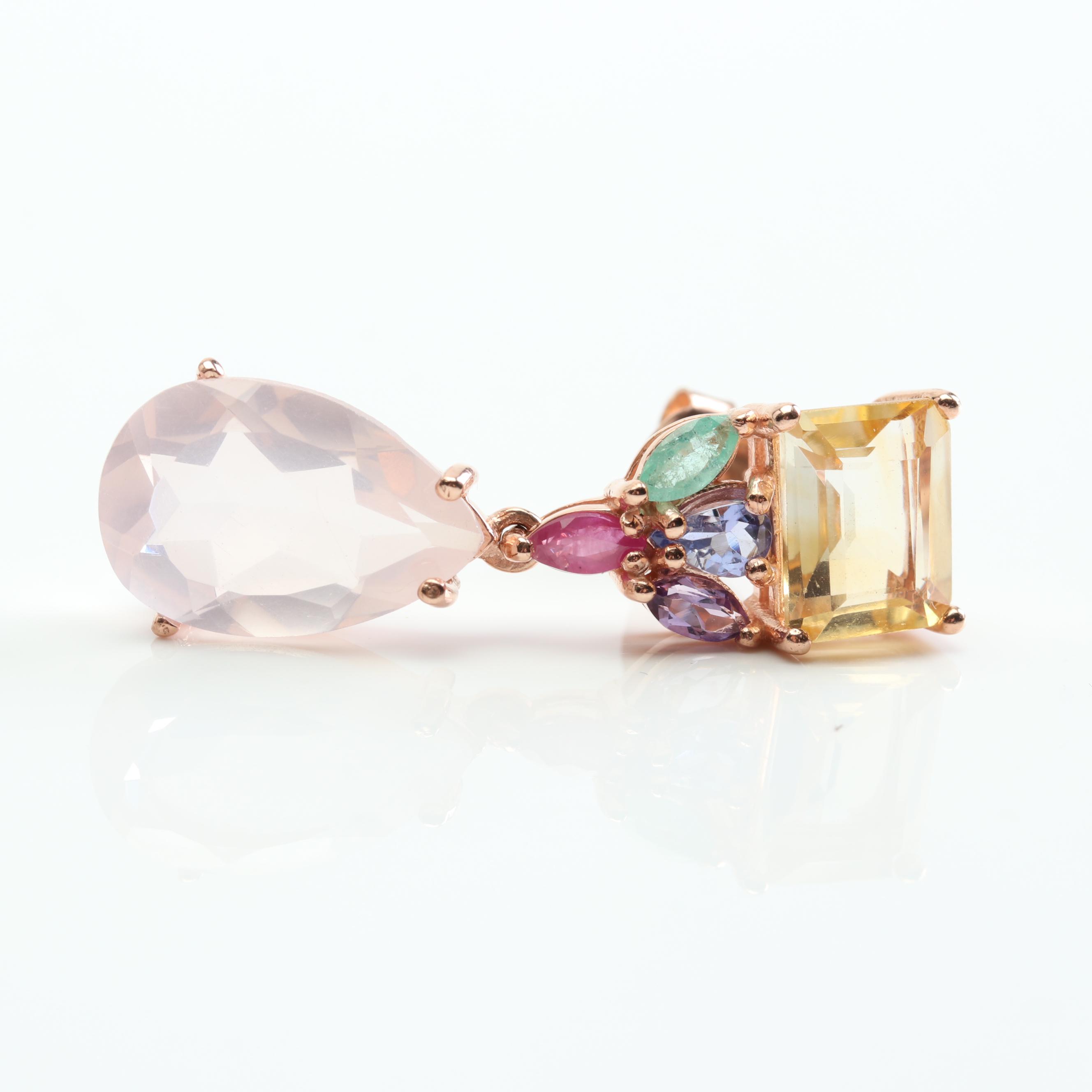 Sterling Silver 8.50 CTW Rose Quartz 3.70 CTW Citrine Dangle Earrings
