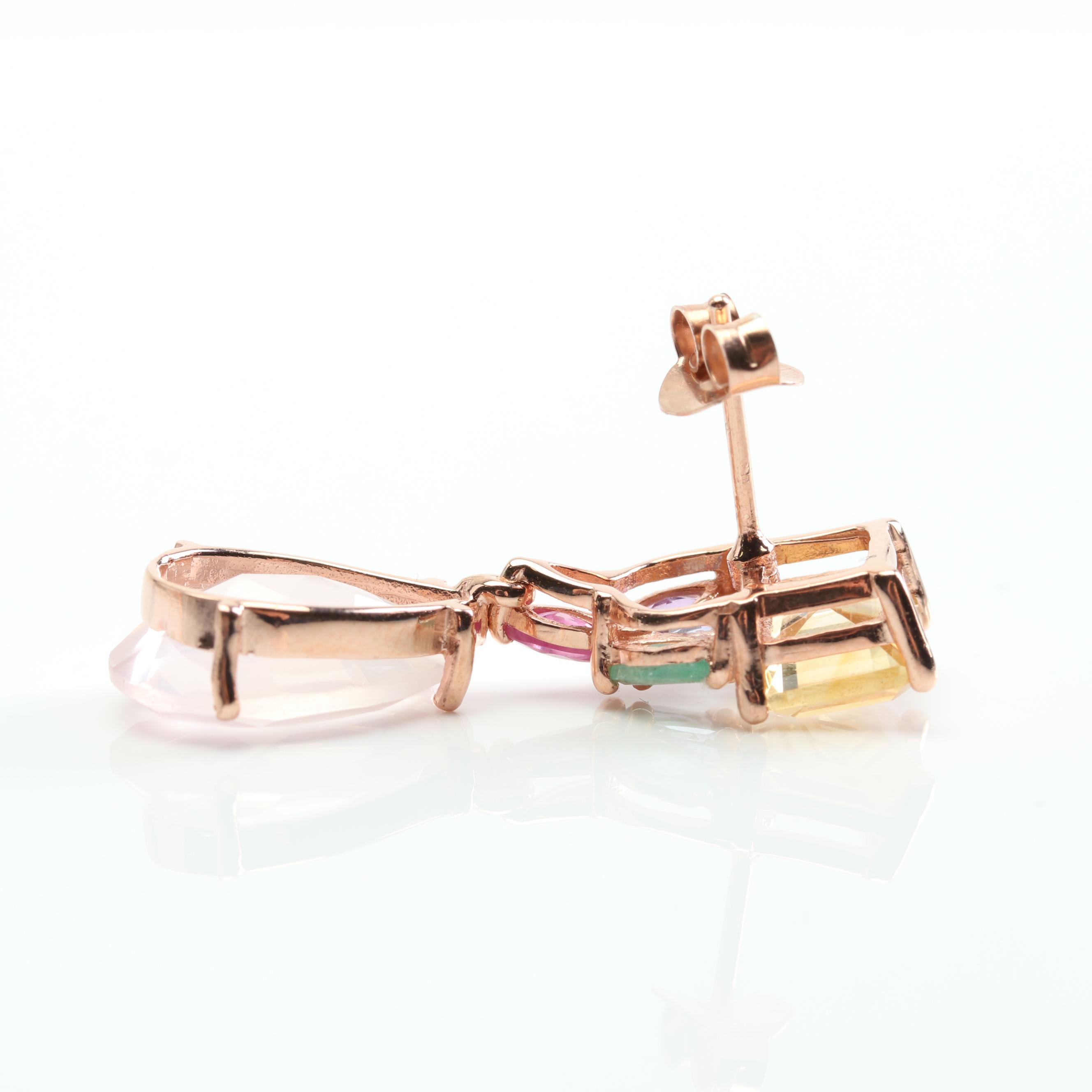 Sterling Silver 8.50 CTW Rose Quartz 3.70 CTW Citrine Dangle Earrings