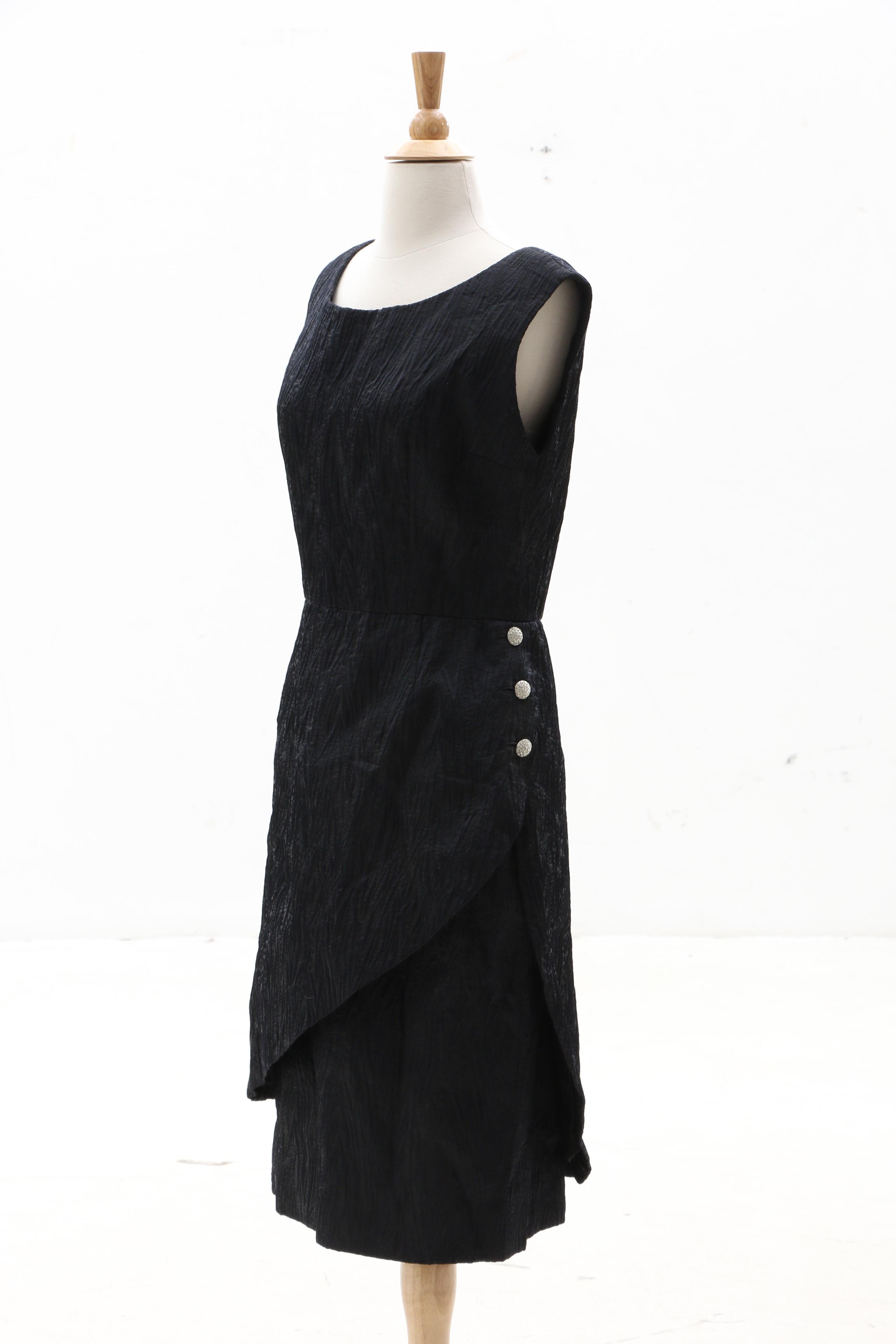 Nan Duskin Black Matelassé Cocktail Dress with Rhinestone Buttons, 1960s Vintage