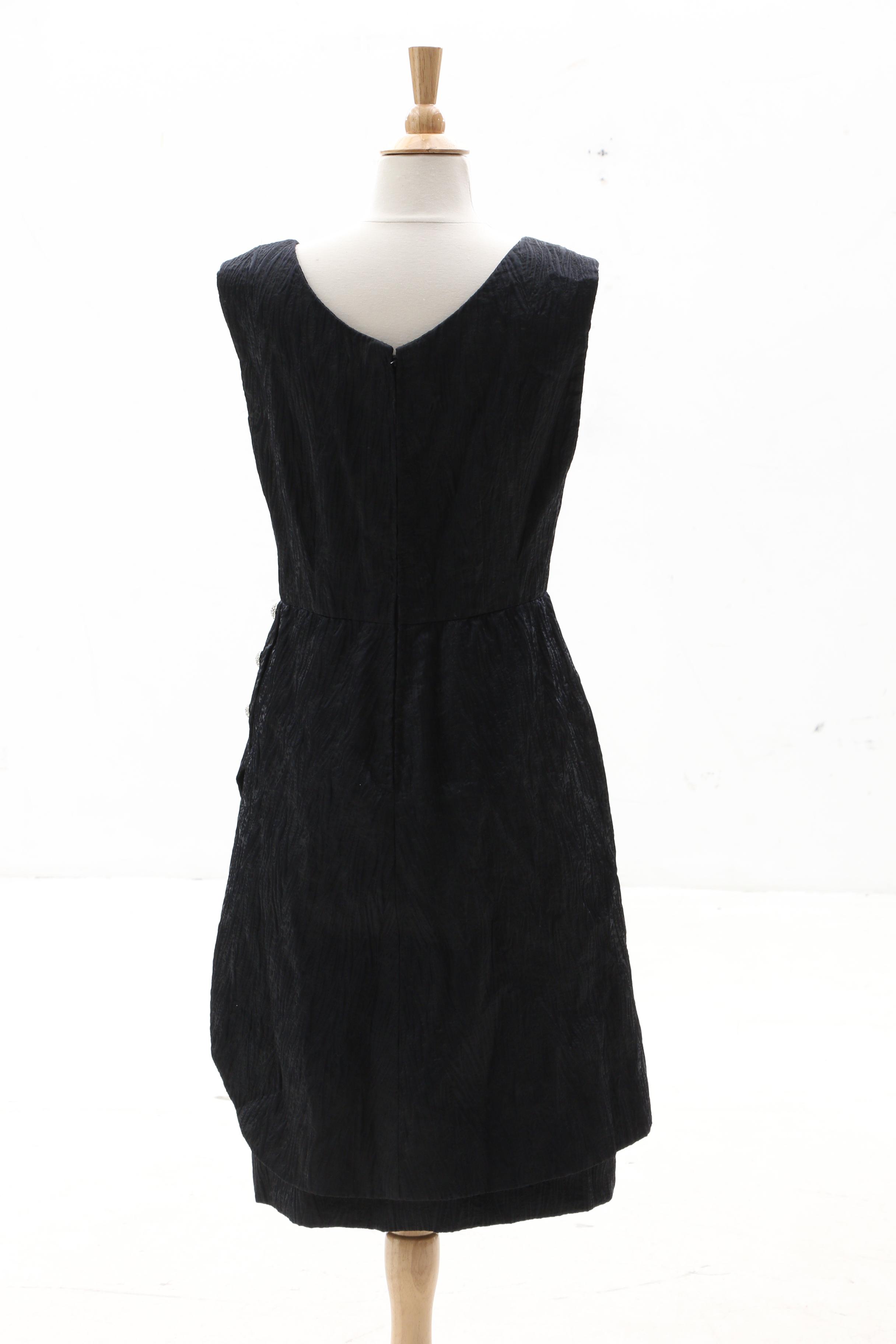 Nan Duskin Black Matelassé Cocktail Dress with Rhinestone Buttons, 1960s Vintage