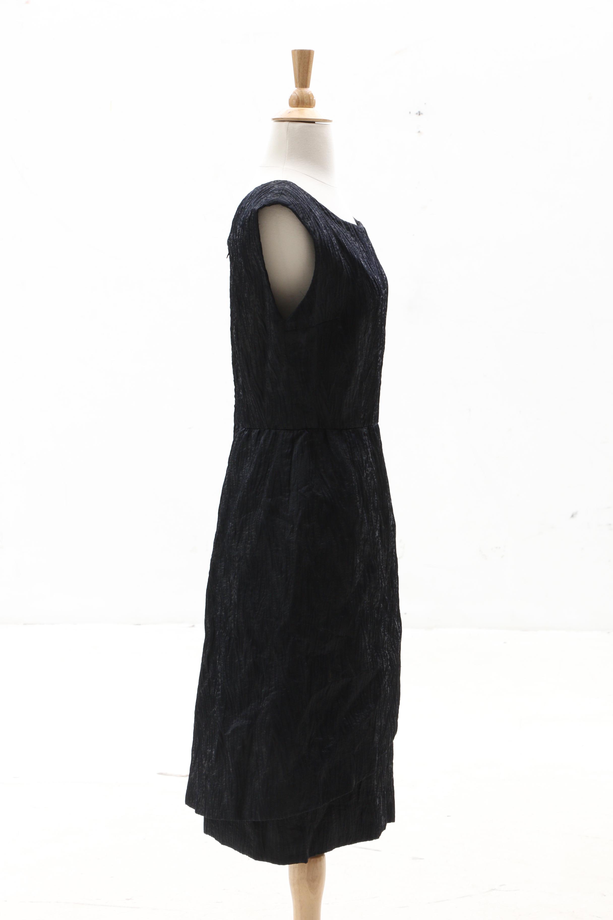 Nan Duskin Black Matelassé Cocktail Dress with Rhinestone Buttons, 1960s Vintage