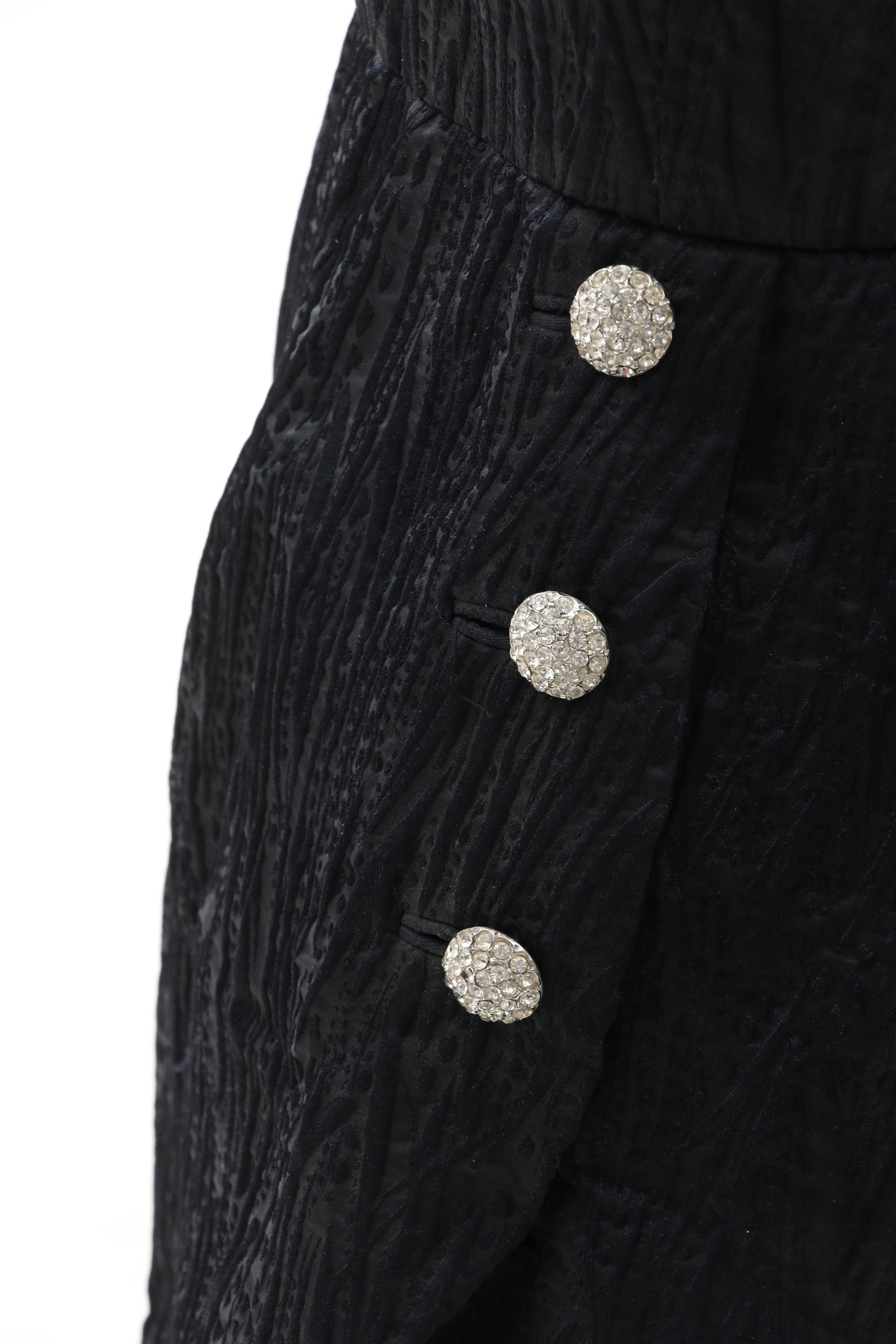 Nan Duskin Black Matelassé Cocktail Dress with Rhinestone Buttons, 1960s Vintage