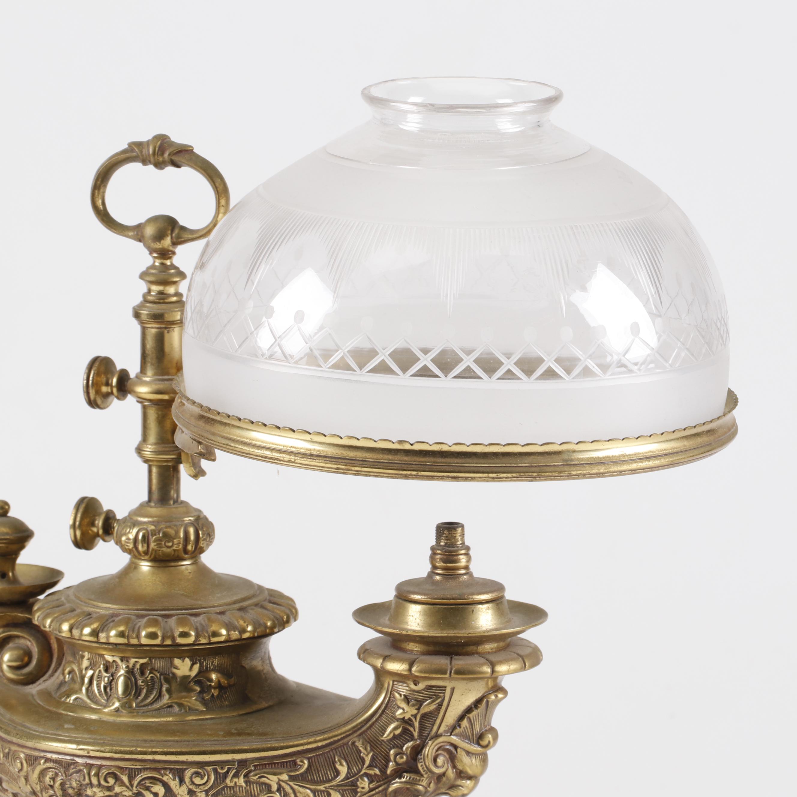 Aladdin Style Brass Harvard Student Oil Lamp with Cut Glass Shade, 19th Century