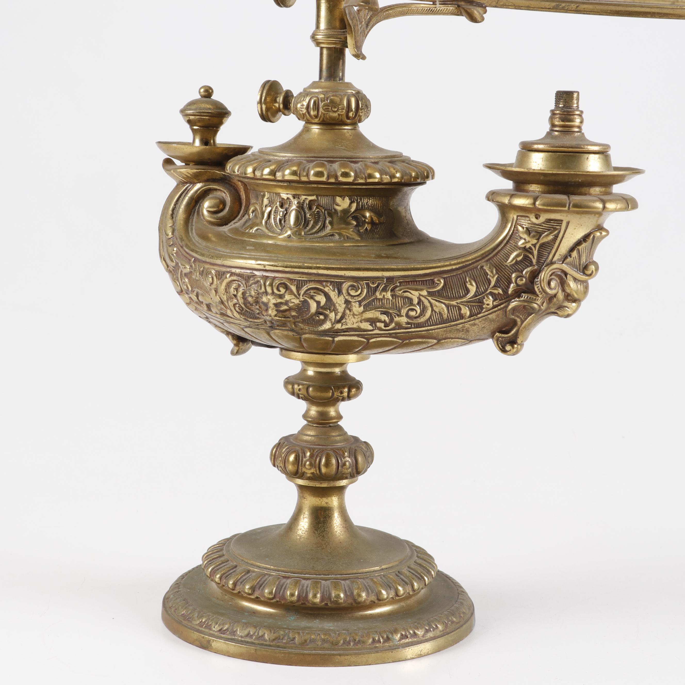 Aladdin Style Brass Harvard Student Oil Lamp with Cut Glass Shade, 19th Century