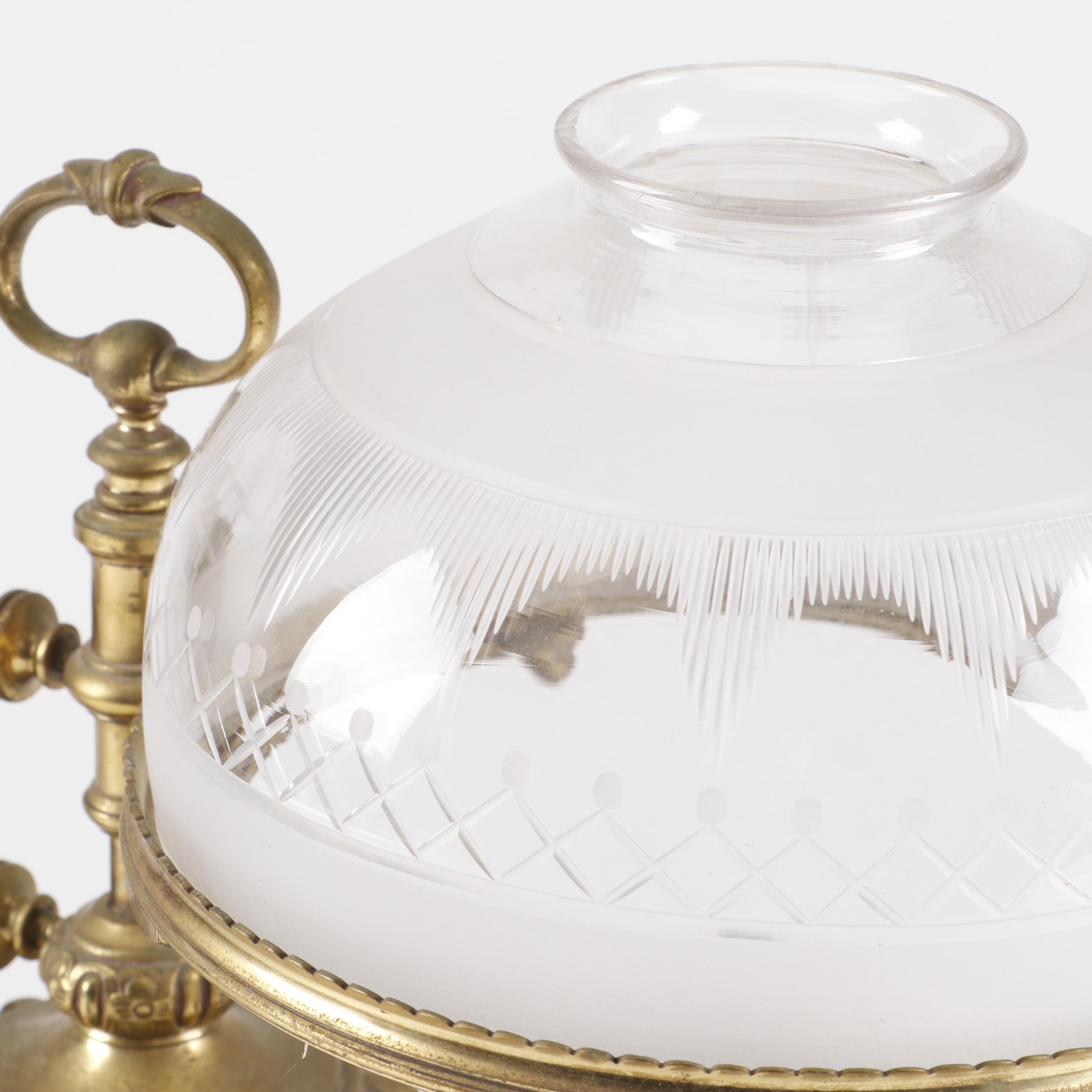 Aladdin Style Brass Harvard Student Oil Lamp with Cut Glass Shade, 19th Century