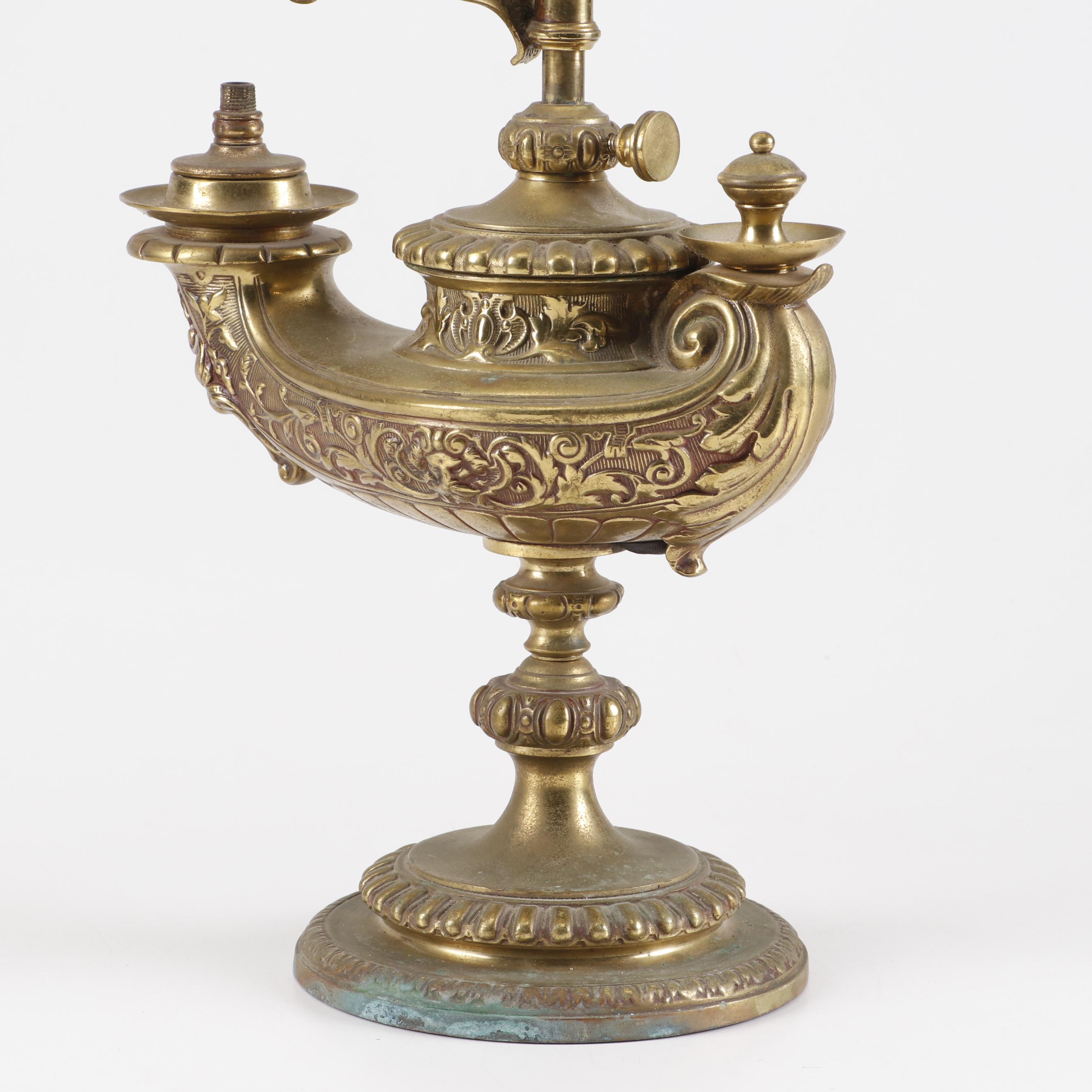 Aladdin Style Brass Harvard Student Oil Lamp with Cut Glass Shade, 19th Century