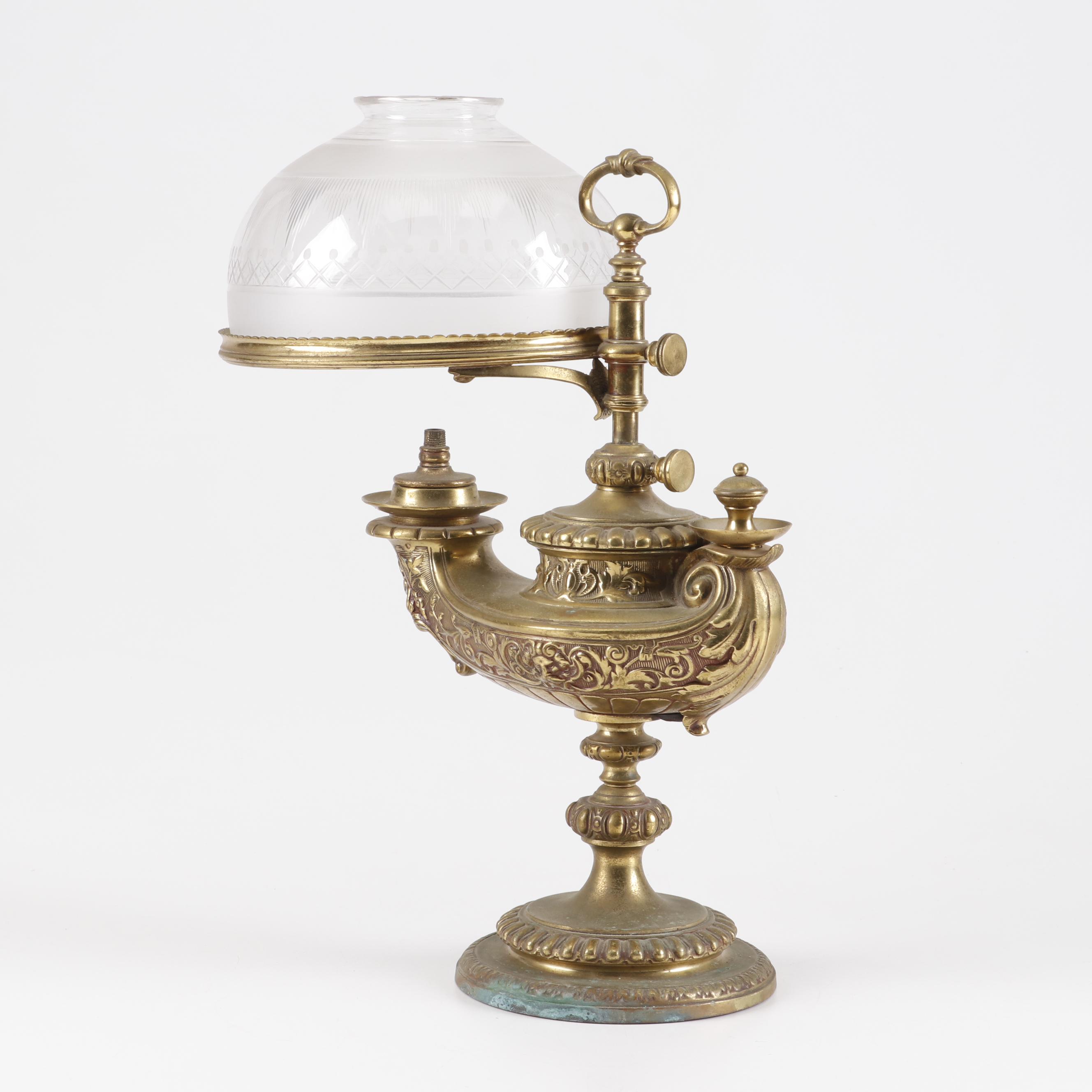 Aladdin Style Brass Harvard Student Oil Lamp with Cut Glass Shade, 19th Century