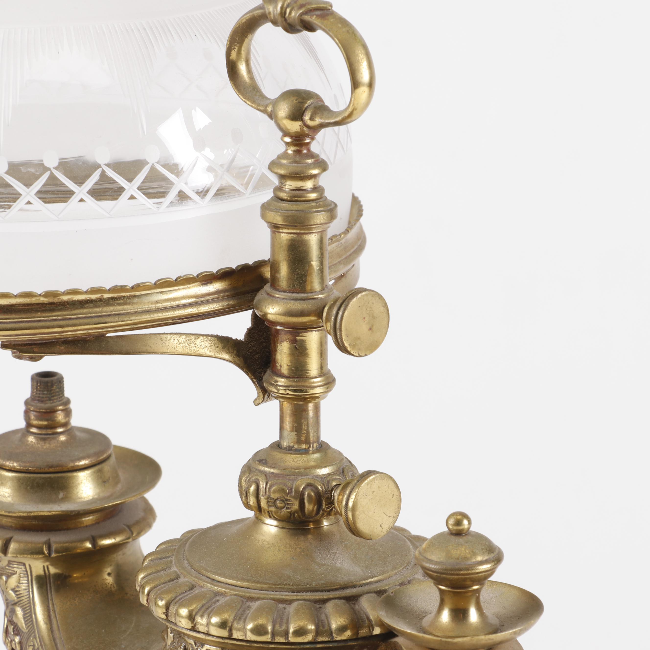 Aladdin Style Brass Harvard Student Oil Lamp with Cut Glass Shade, 19th Century