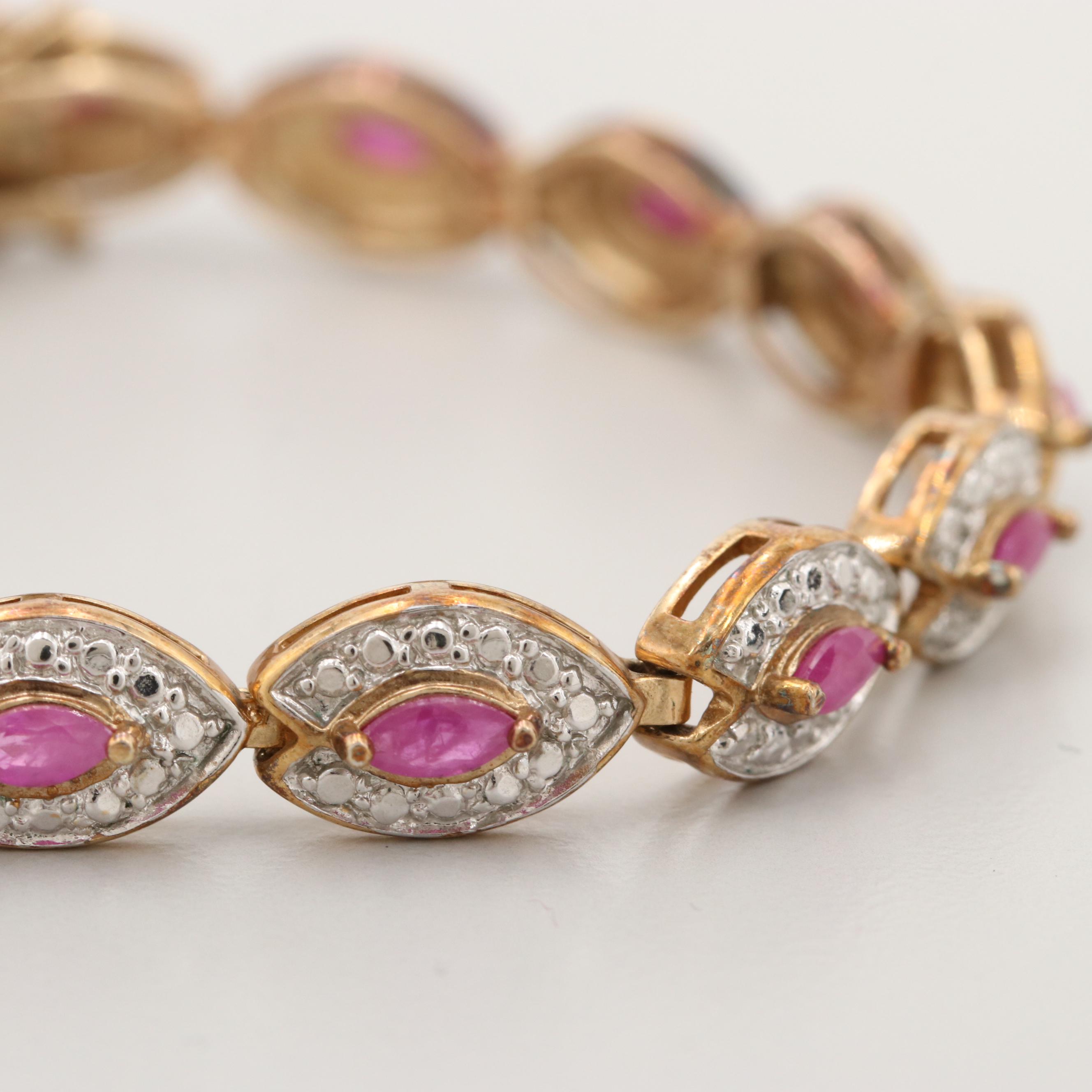 Gold Wash on Sterling Silver Ruby and Diamond Bracelet