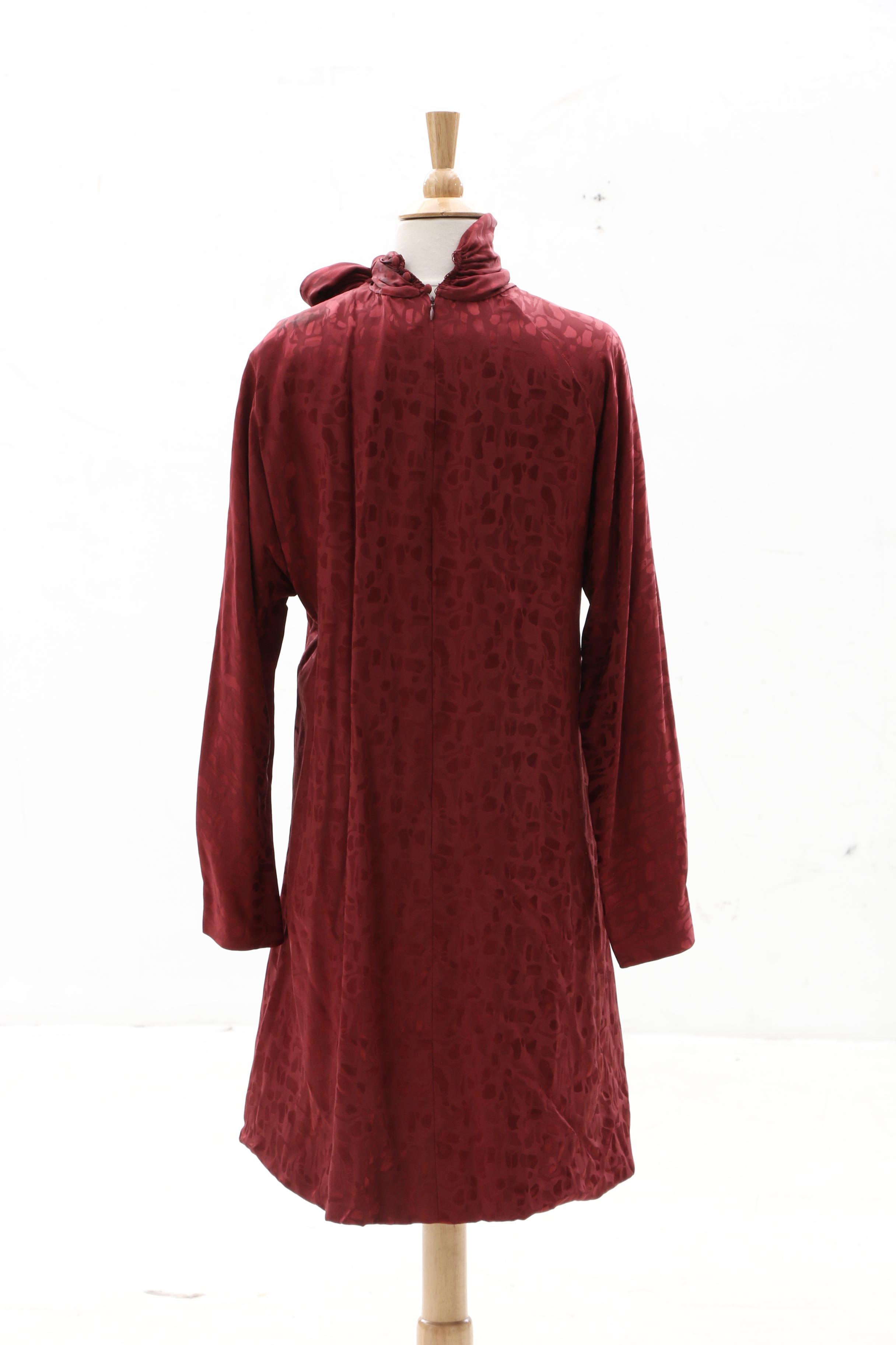 Pauline Trigère Leopard Print Burgundy Silk Bubble Hem Dress