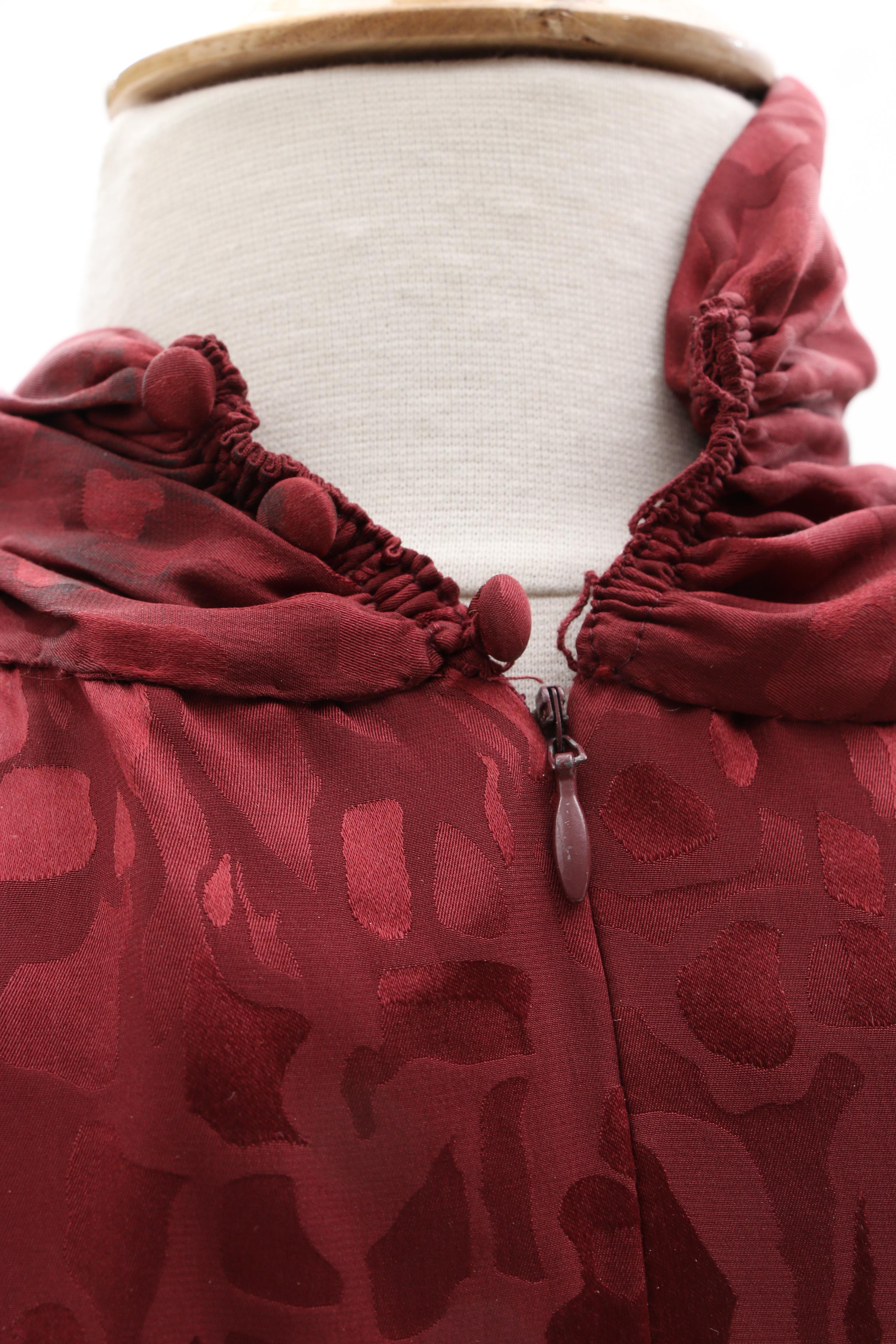 Pauline Trigère Leopard Print Burgundy Silk Bubble Hem Dress