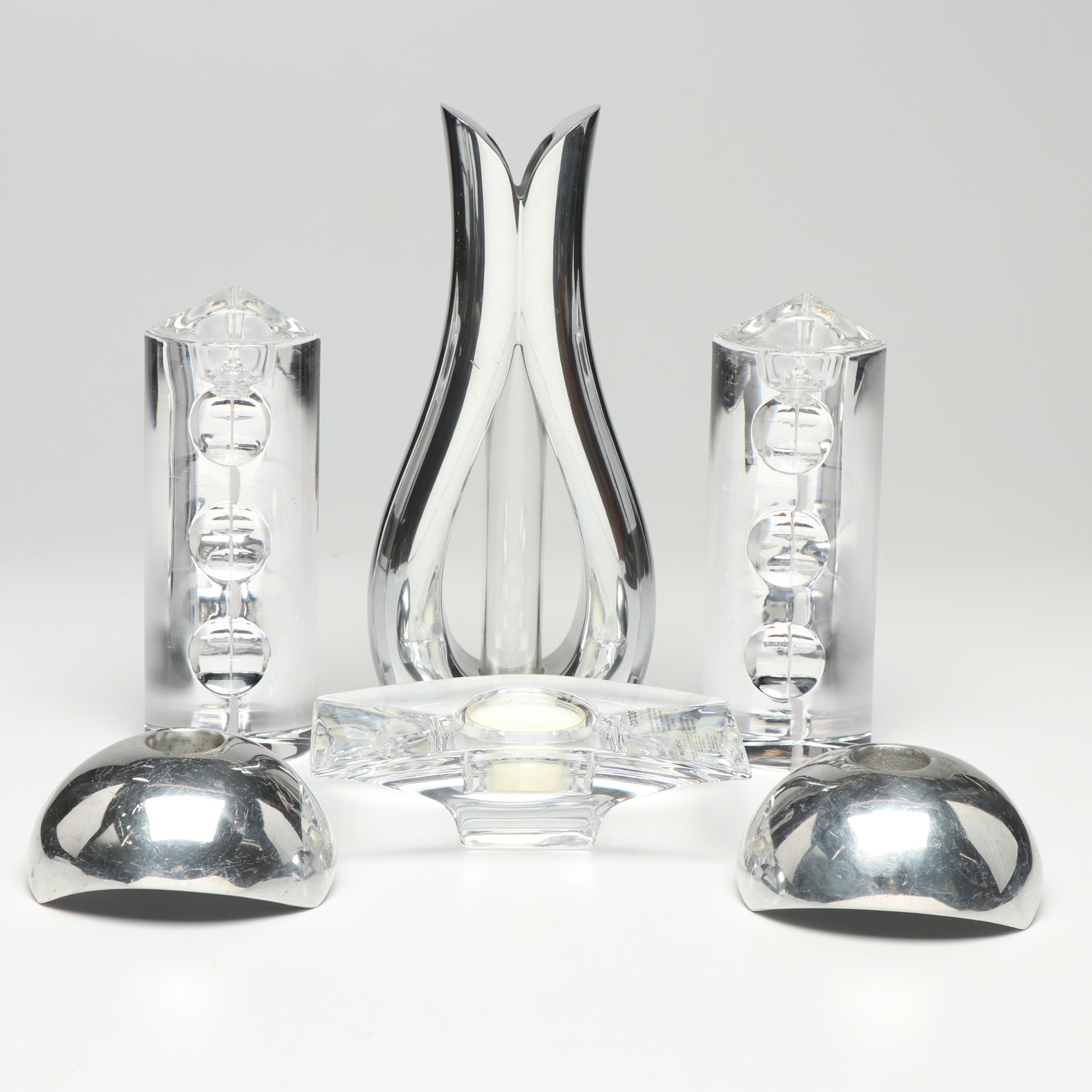 Nambé Candleholder Vase with Modern Art Glass Candlesticks and Nambé Holders