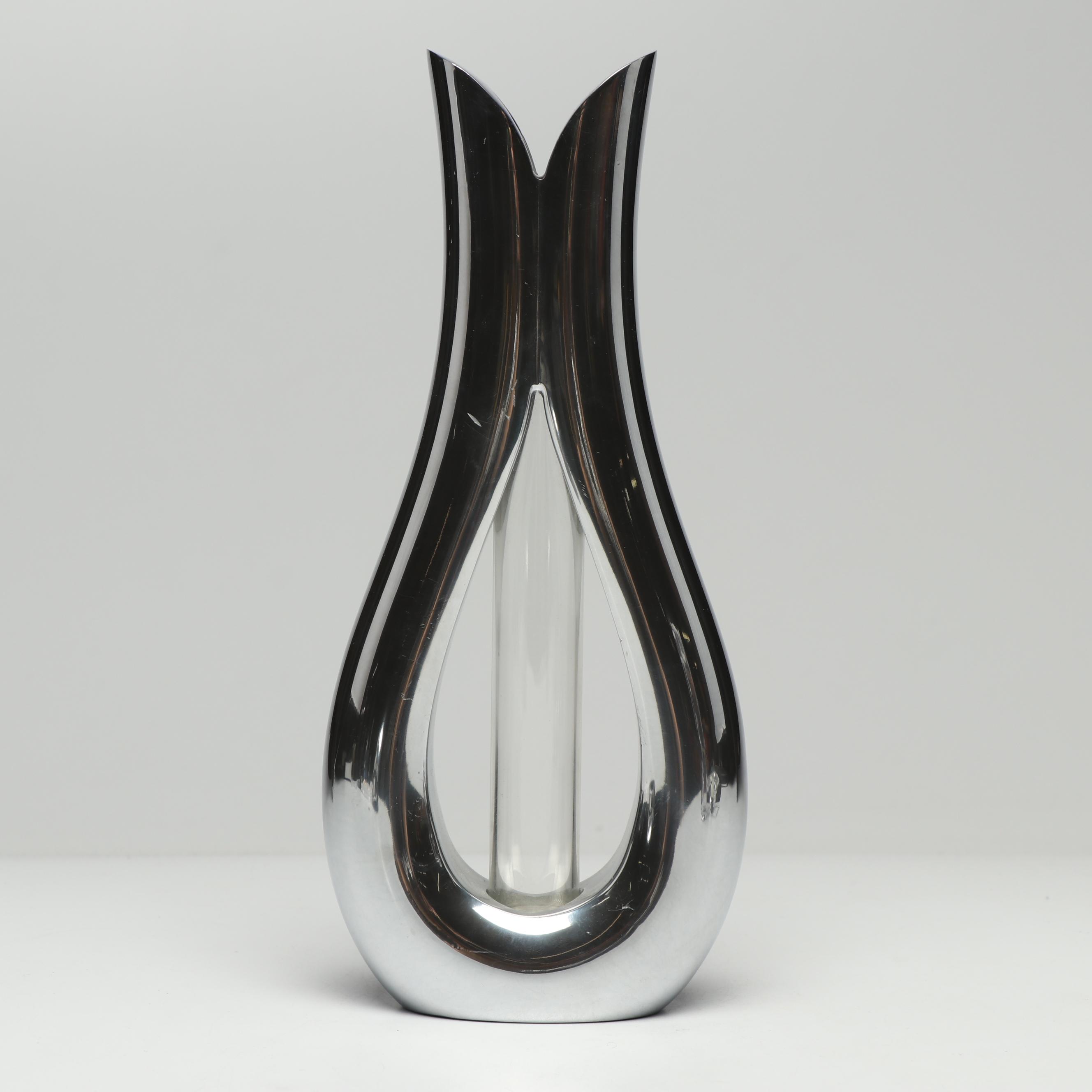 Nambé Candleholder Vase with Modern Art Glass Candlesticks and Nambé Holders