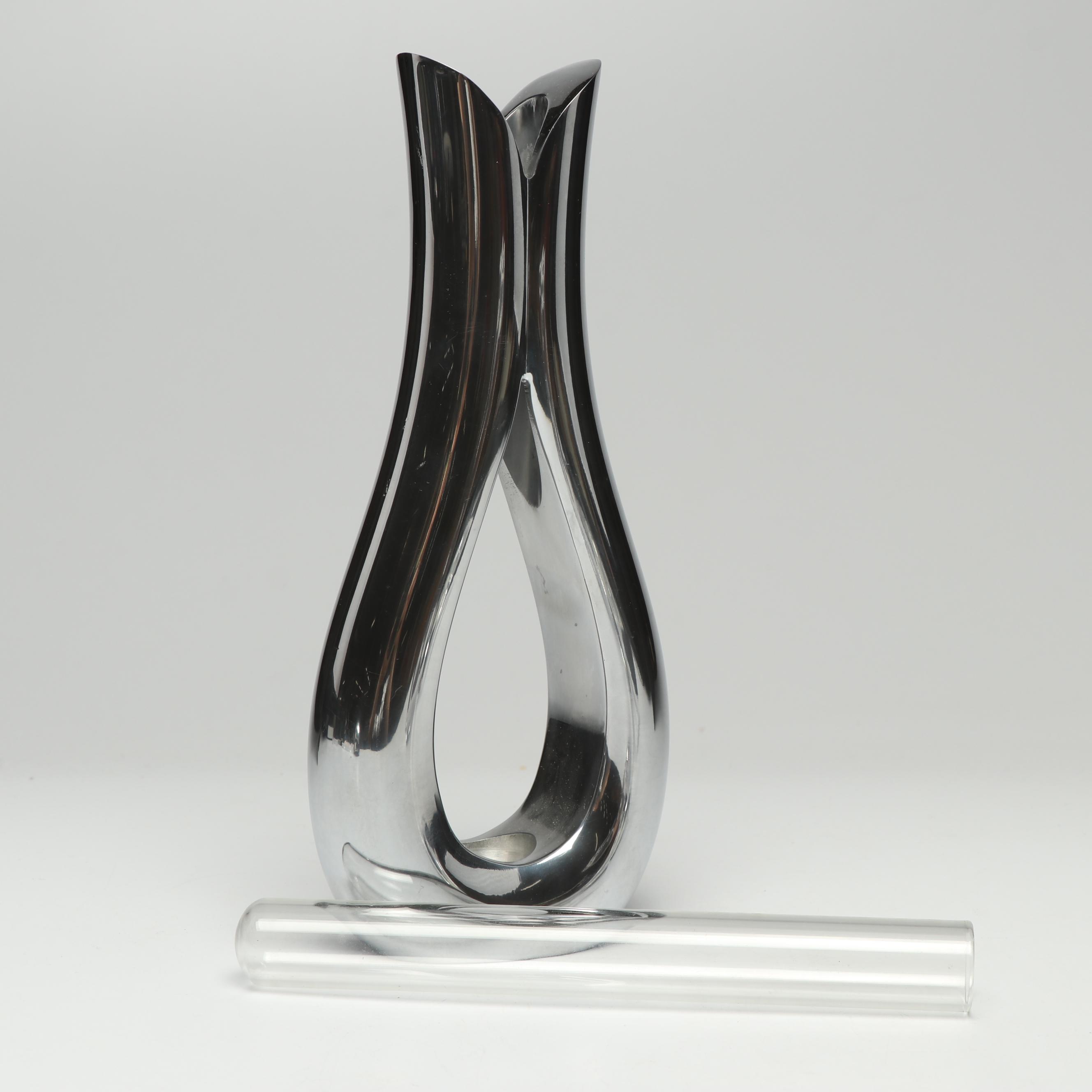 Nambé Candleholder Vase with Modern Art Glass Candlesticks and Nambé Holders