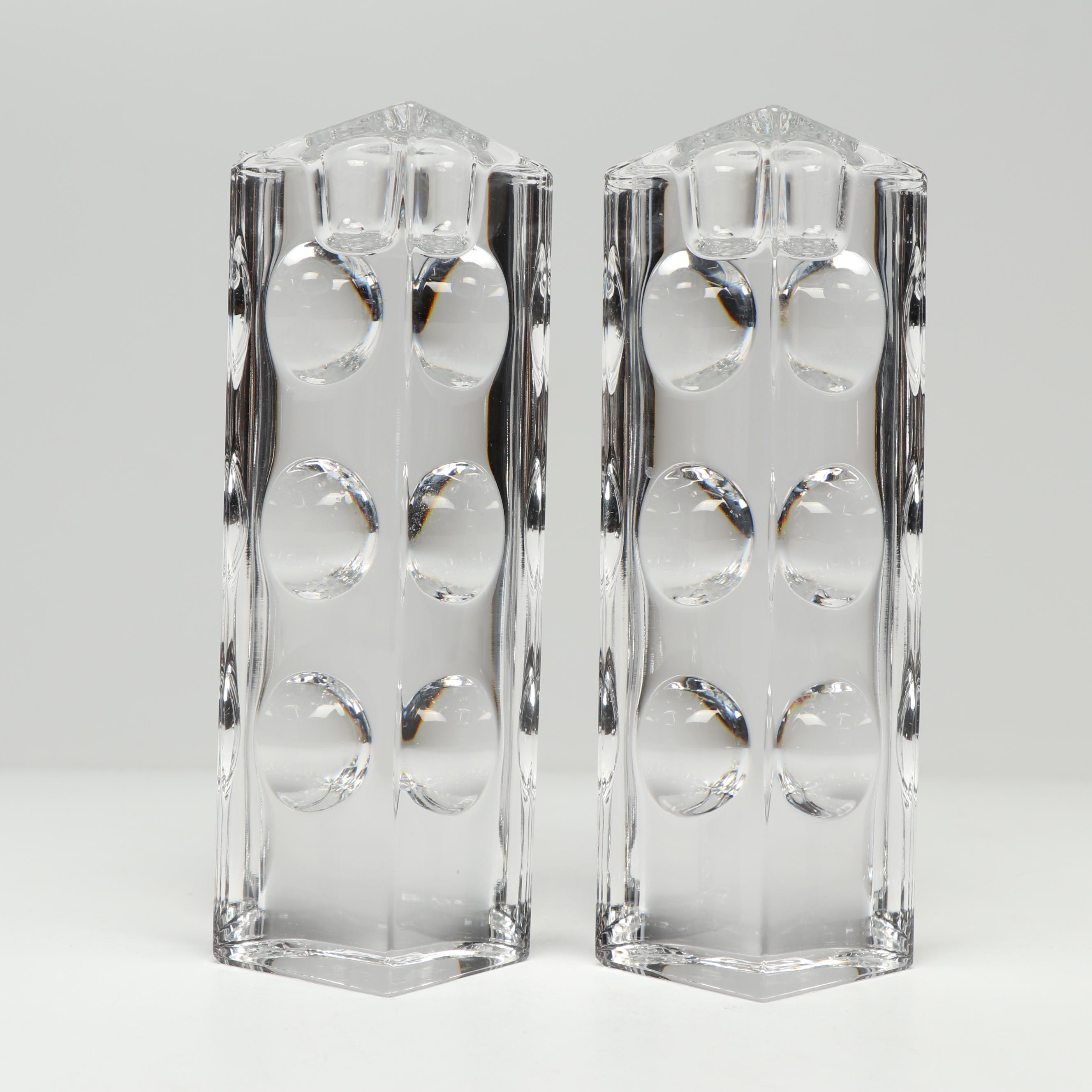 Nambé Candleholder Vase with Modern Art Glass Candlesticks and Nambé Holders