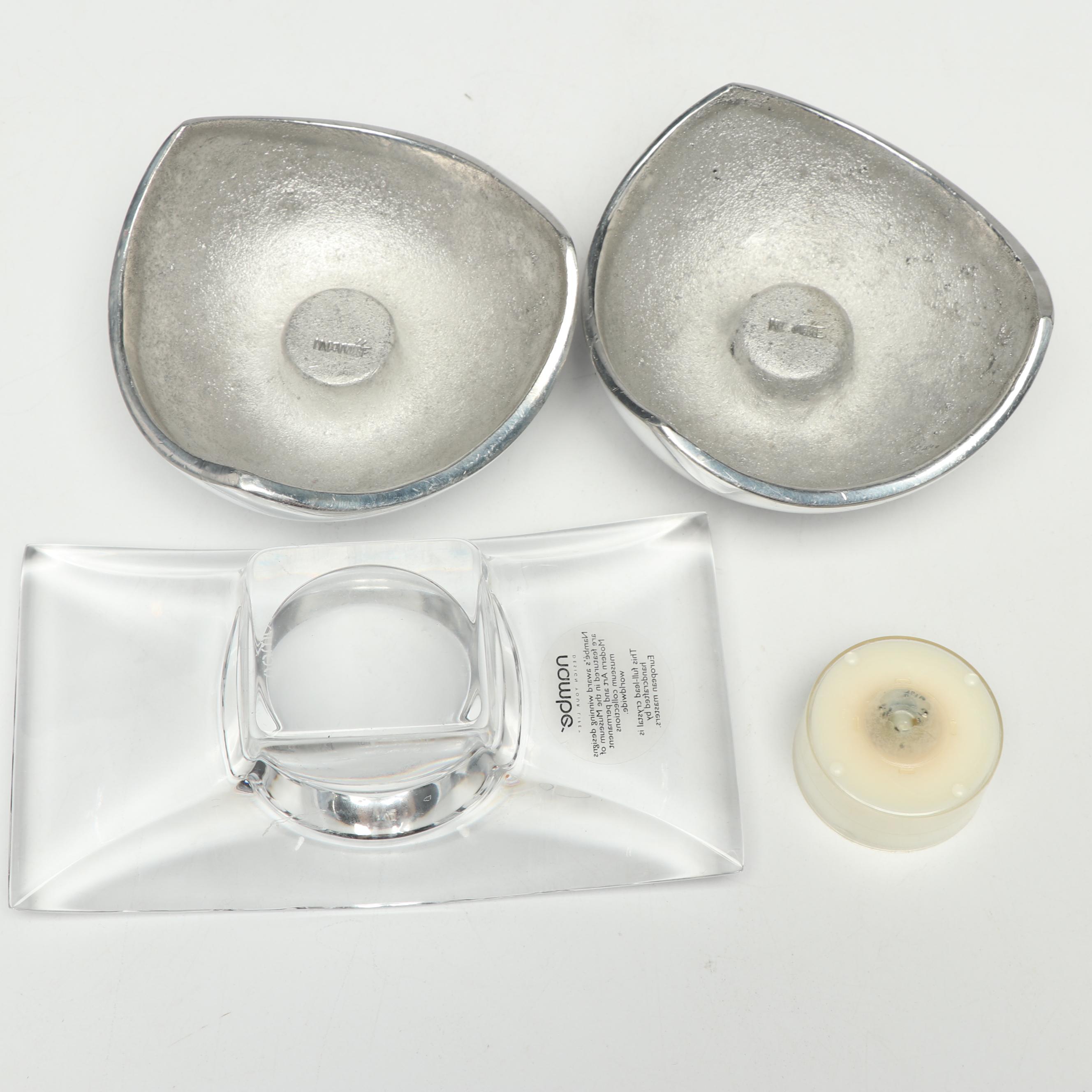 Nambé Candleholder Vase with Modern Art Glass Candlesticks and Nambé Holders