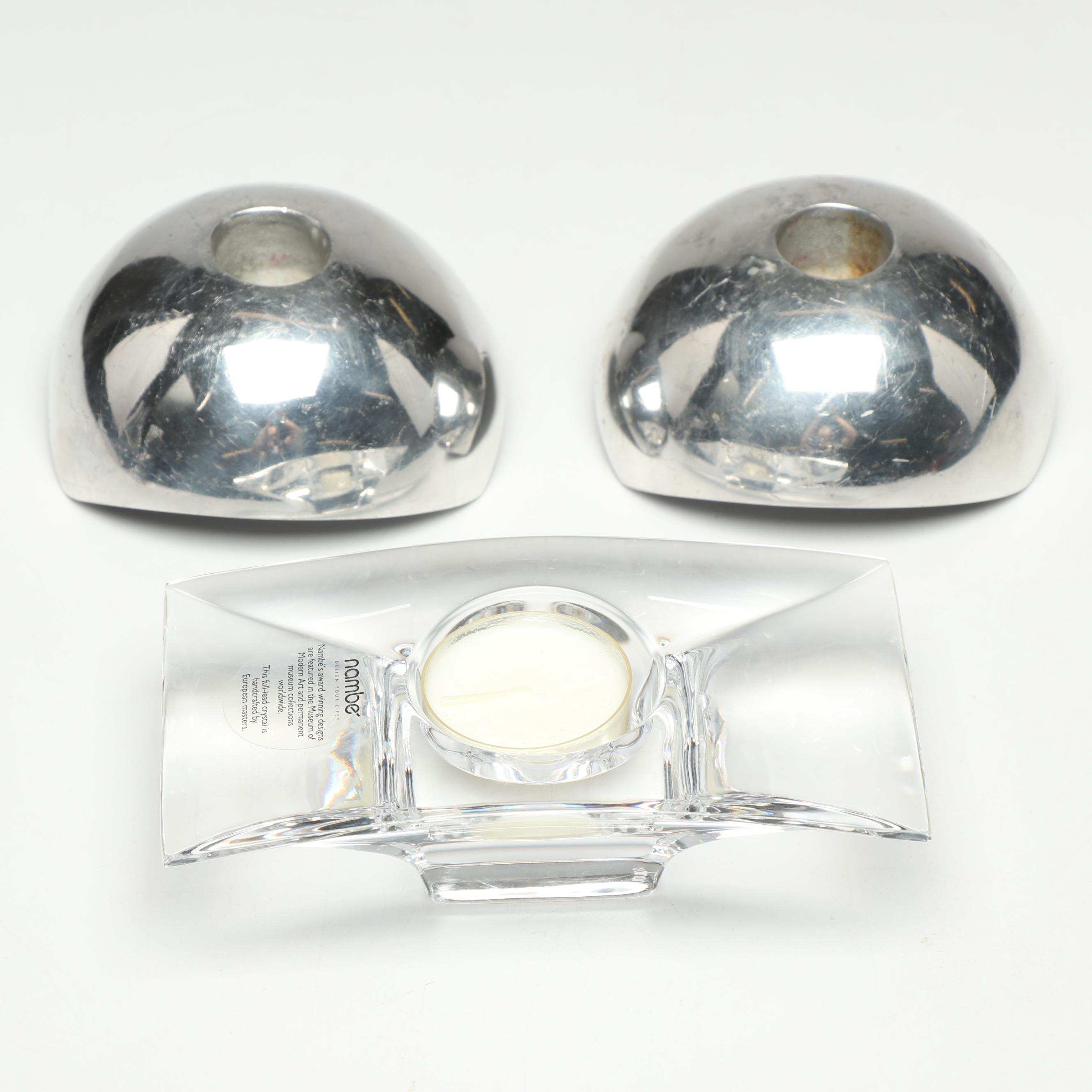 Nambé Candleholder Vase with Modern Art Glass Candlesticks and Nambé Holders