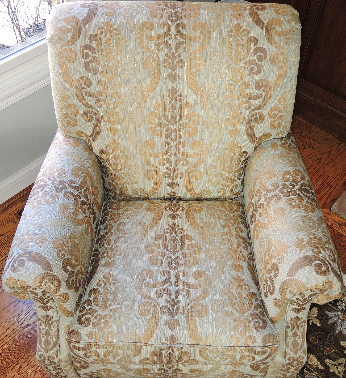 Ethan Allen Upholstered Arm Chair and Ottoman