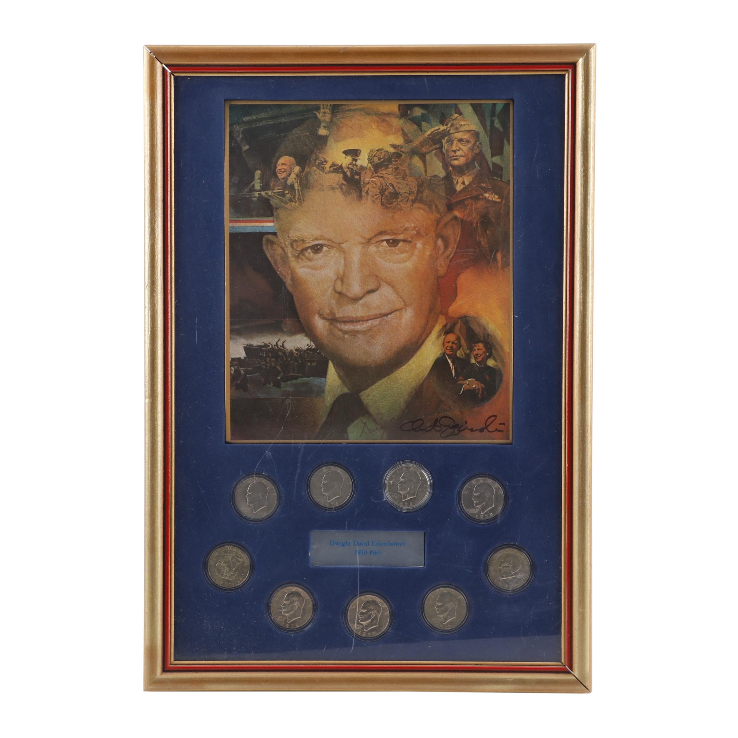 Dwight D. Eisenhower Commemorative Poster and One Dollar Coins