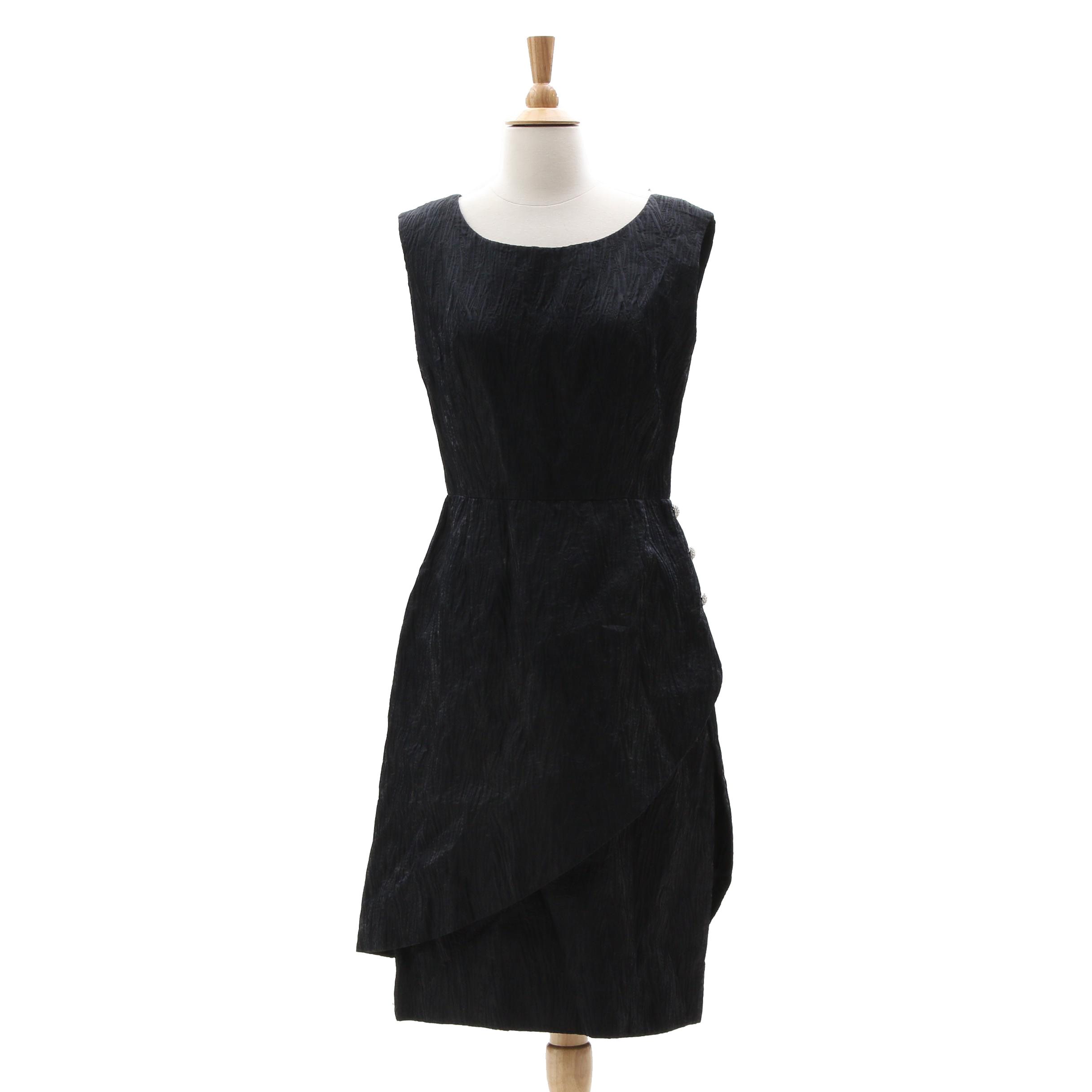 Nan Duskin Black Matelassé Cocktail Dress with Rhinestone Buttons, 1960s Vintage