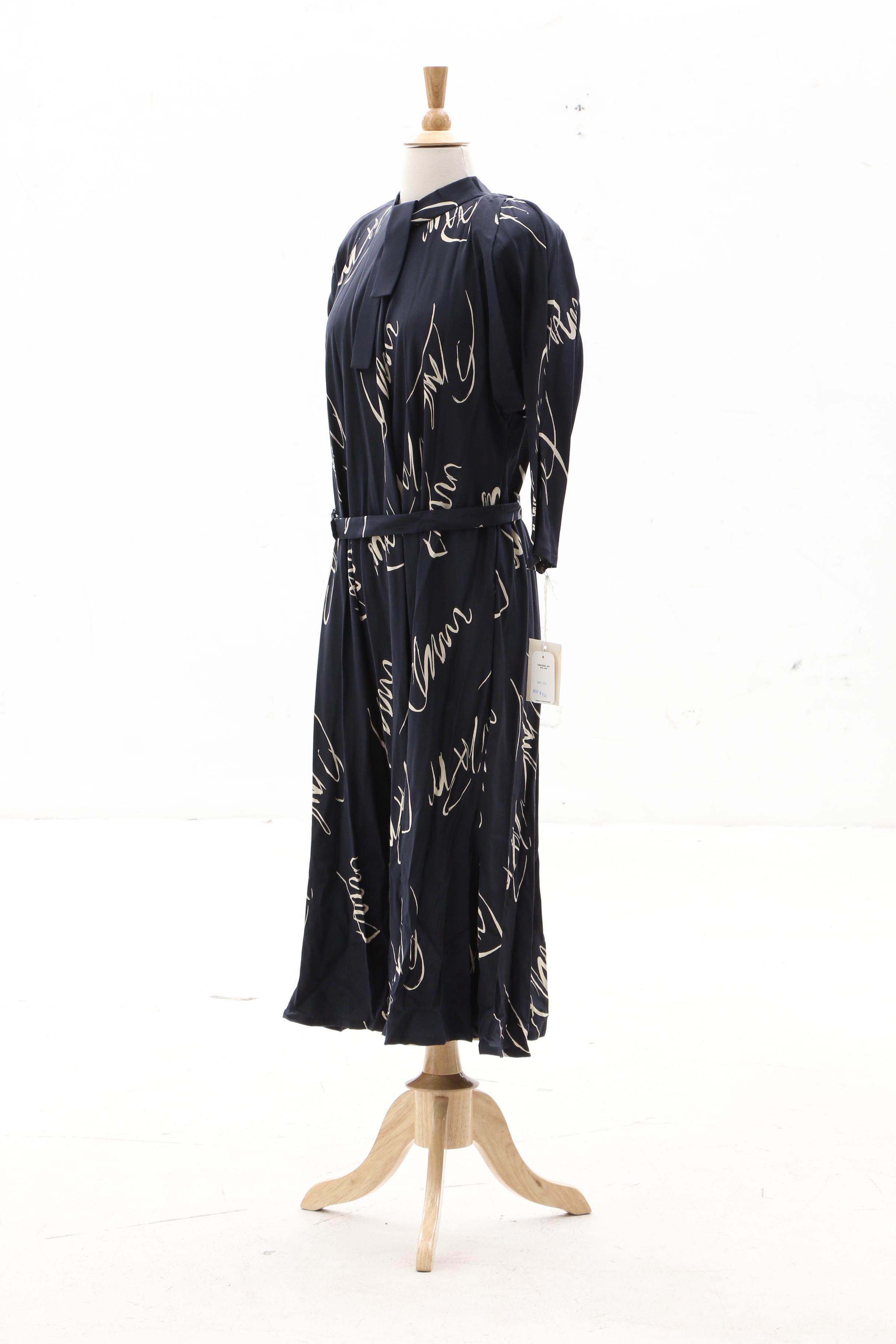 Pauline Trigère Navy Blue Abstract Print Silk Dress