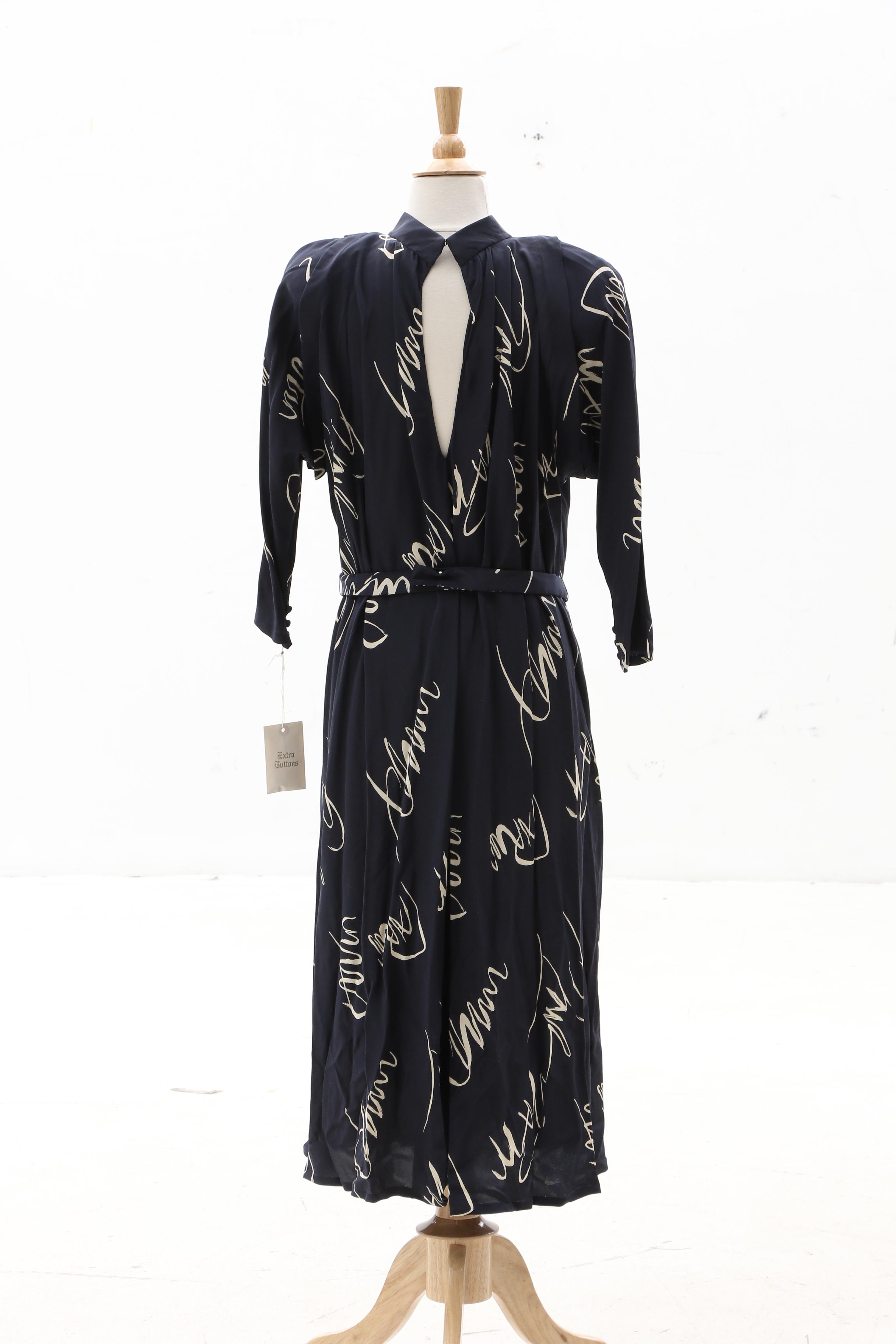 Pauline Trigère Navy Blue Abstract Print Silk Dress