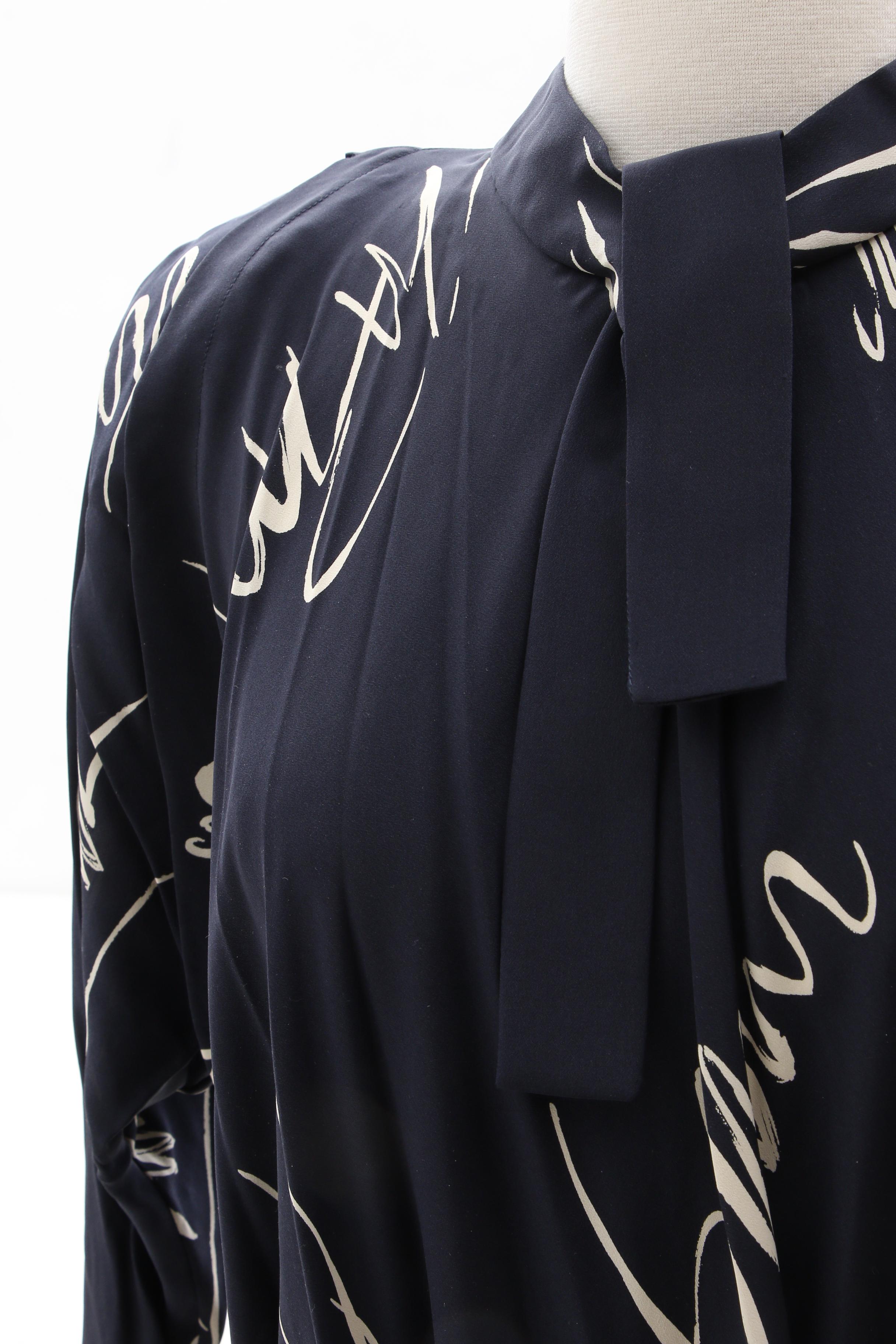 Pauline Trigère Navy Blue Abstract Print Silk Dress