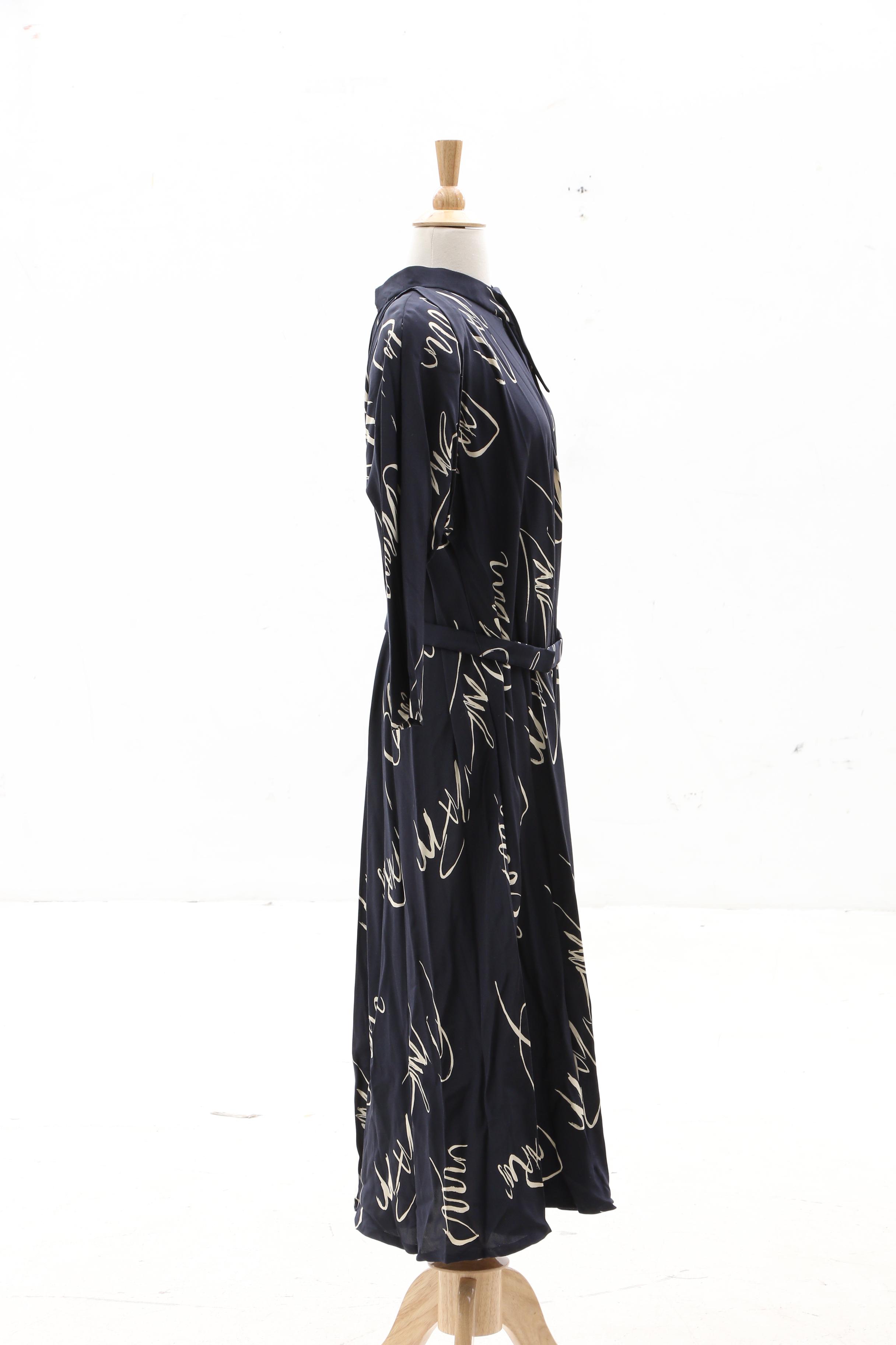Pauline Trigère Navy Blue Abstract Print Silk Dress