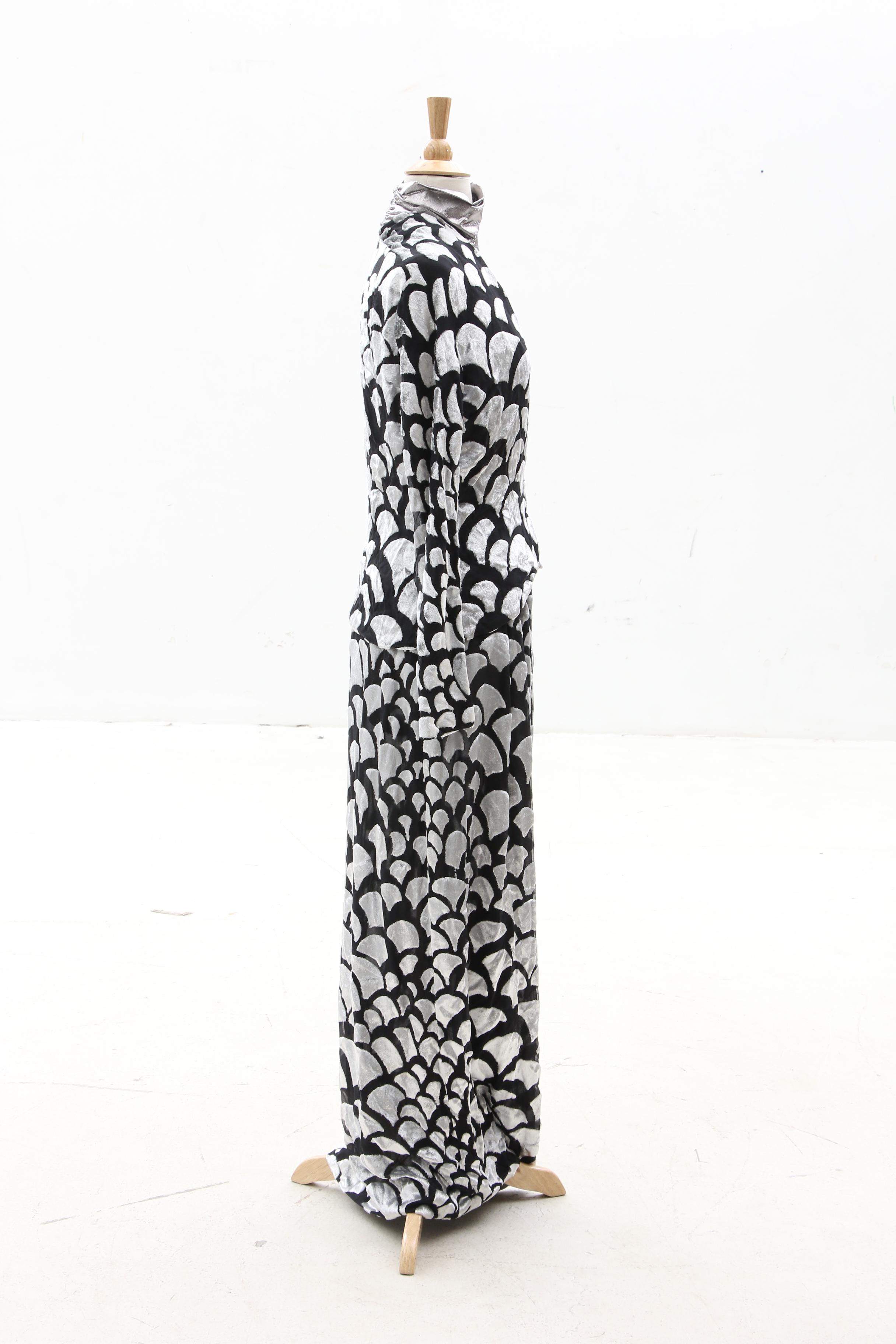 Pauline Trigère Flocked Silk Skirt Suit with Silver Lamé Bodysuit, 1970s Vintage