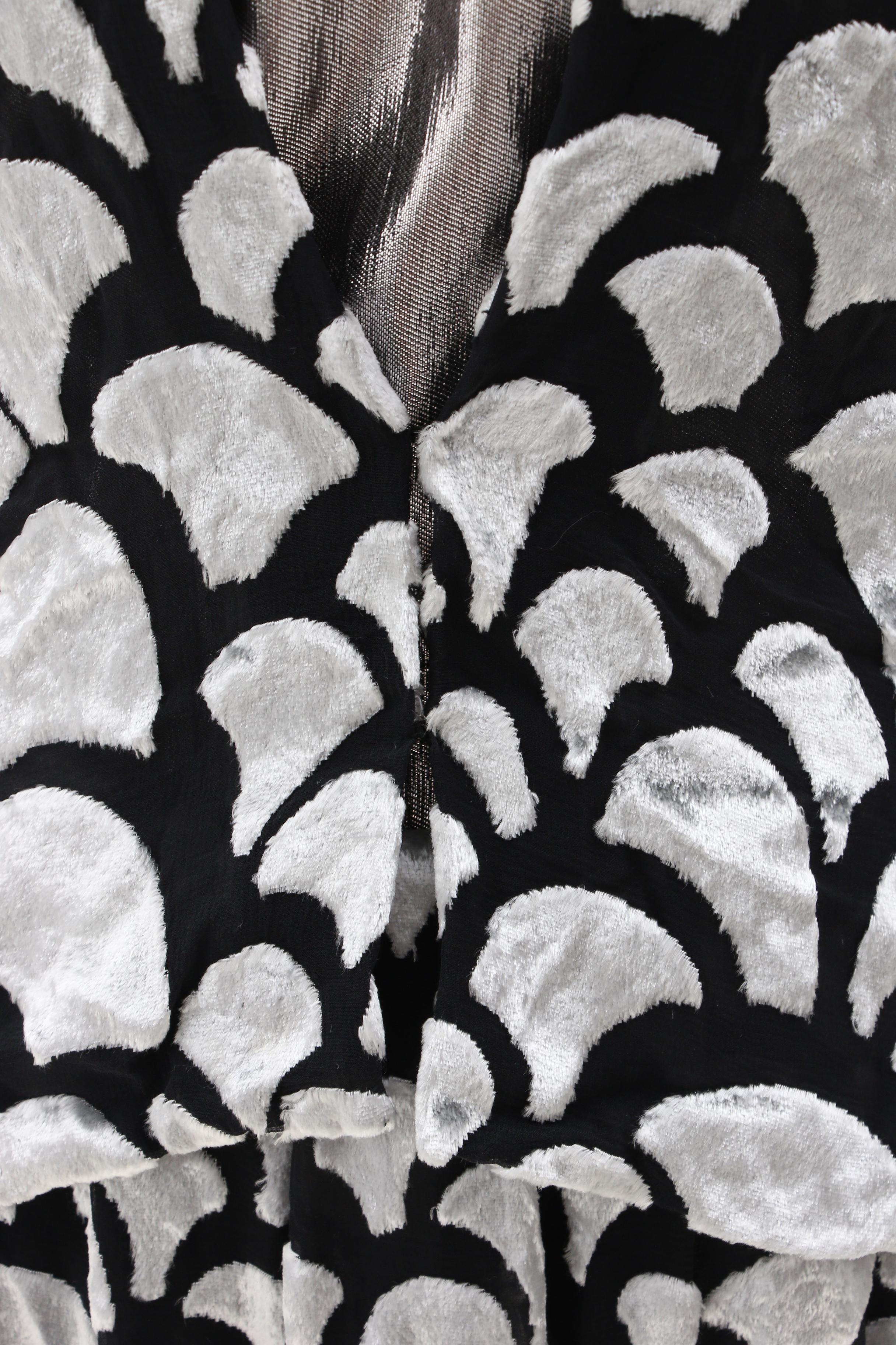 Pauline Trigère Flocked Silk Skirt Suit with Silver Lamé Bodysuit, 1970s Vintage