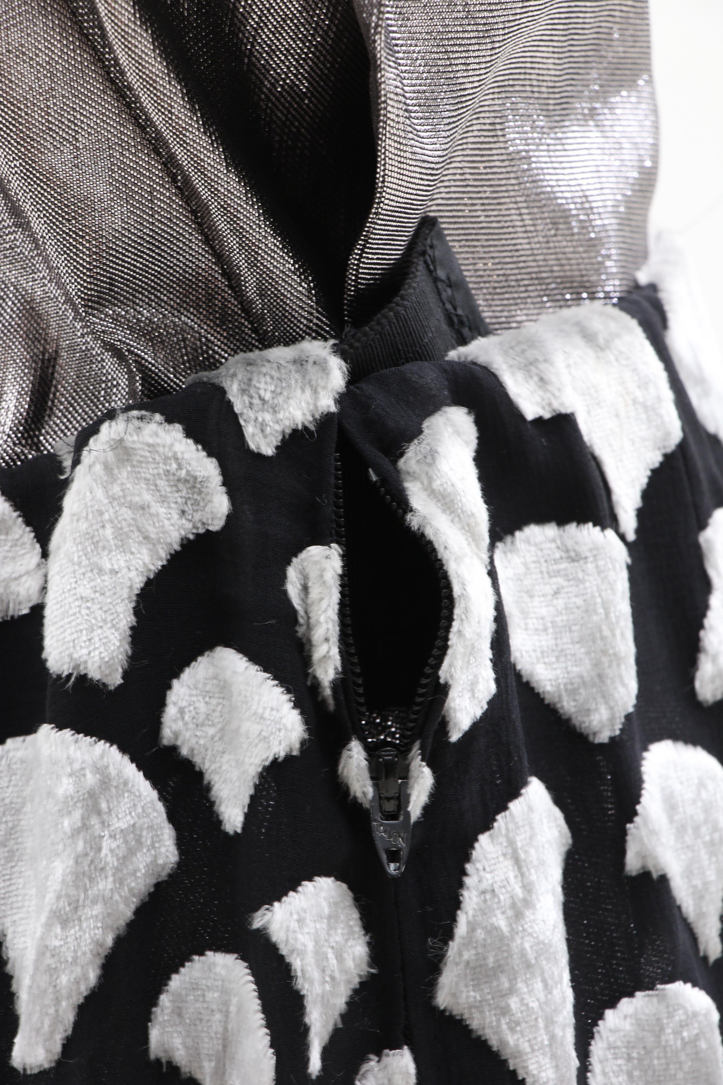 Pauline Trigère Flocked Silk Skirt Suit with Silver Lamé Bodysuit, 1970s Vintage