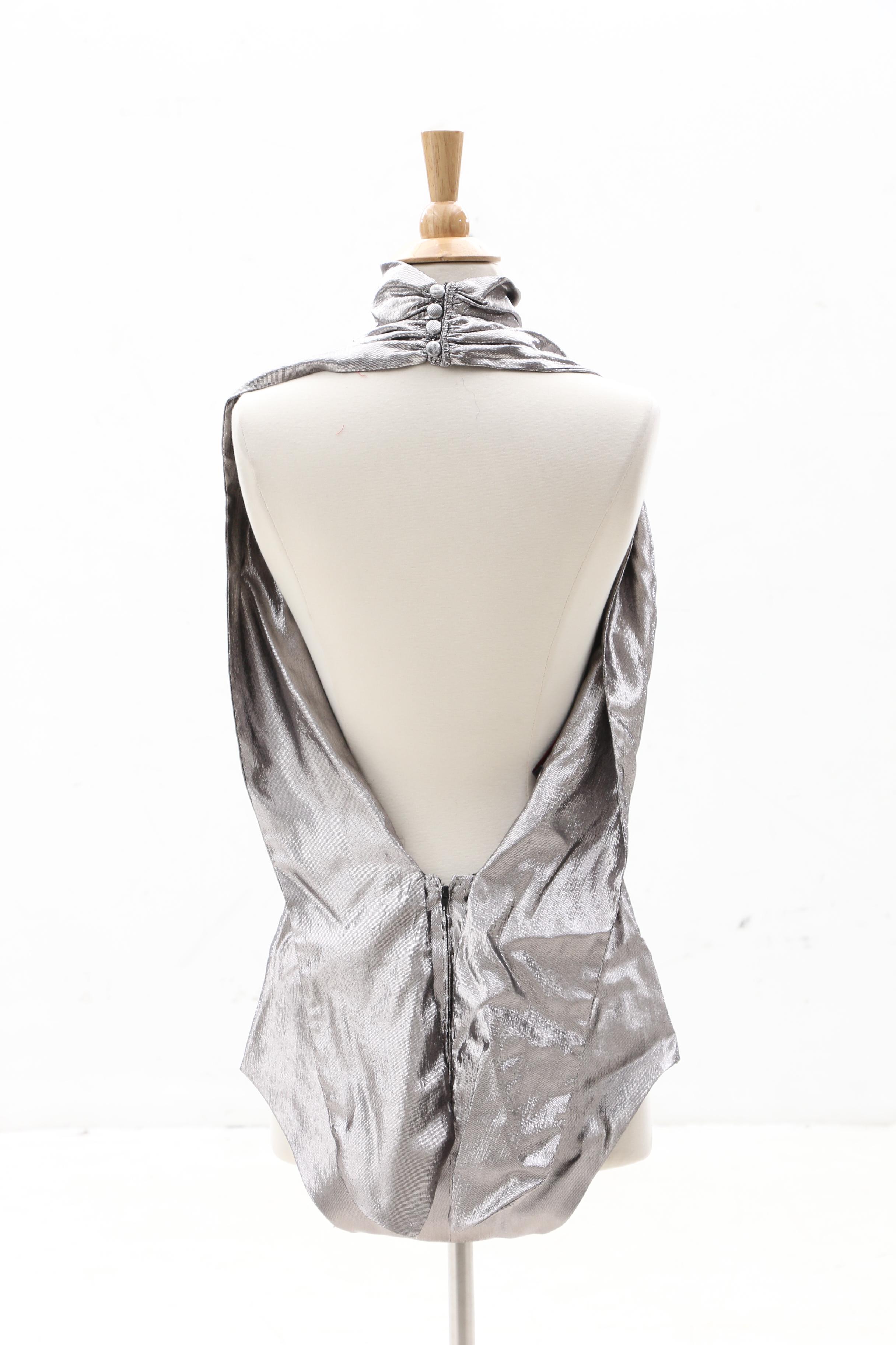 Pauline Trigère Flocked Silk Skirt Suit with Silver Lamé Bodysuit, 1970s Vintage