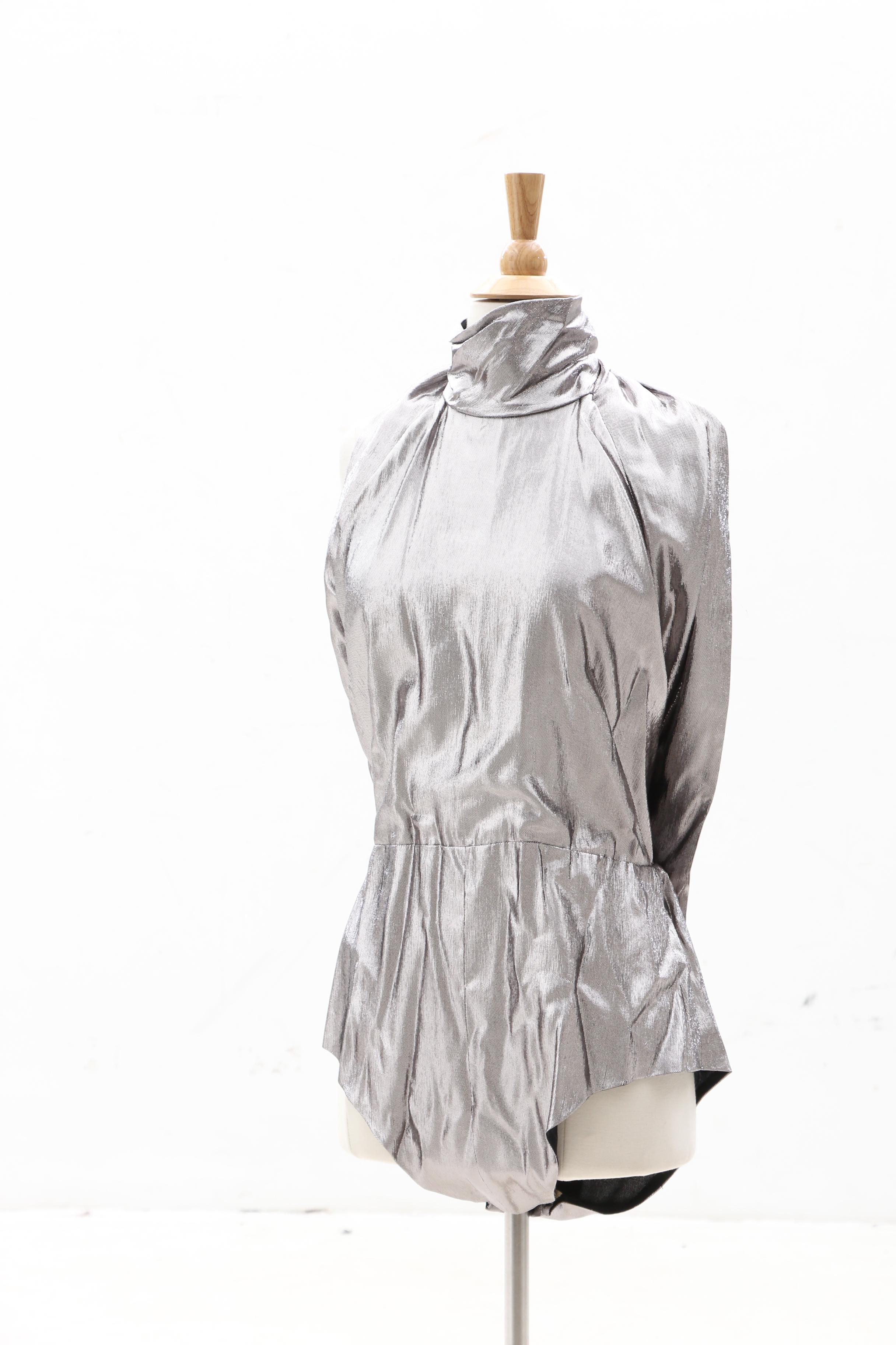 Pauline Trigère Flocked Silk Skirt Suit with Silver Lamé Bodysuit, 1970s Vintage