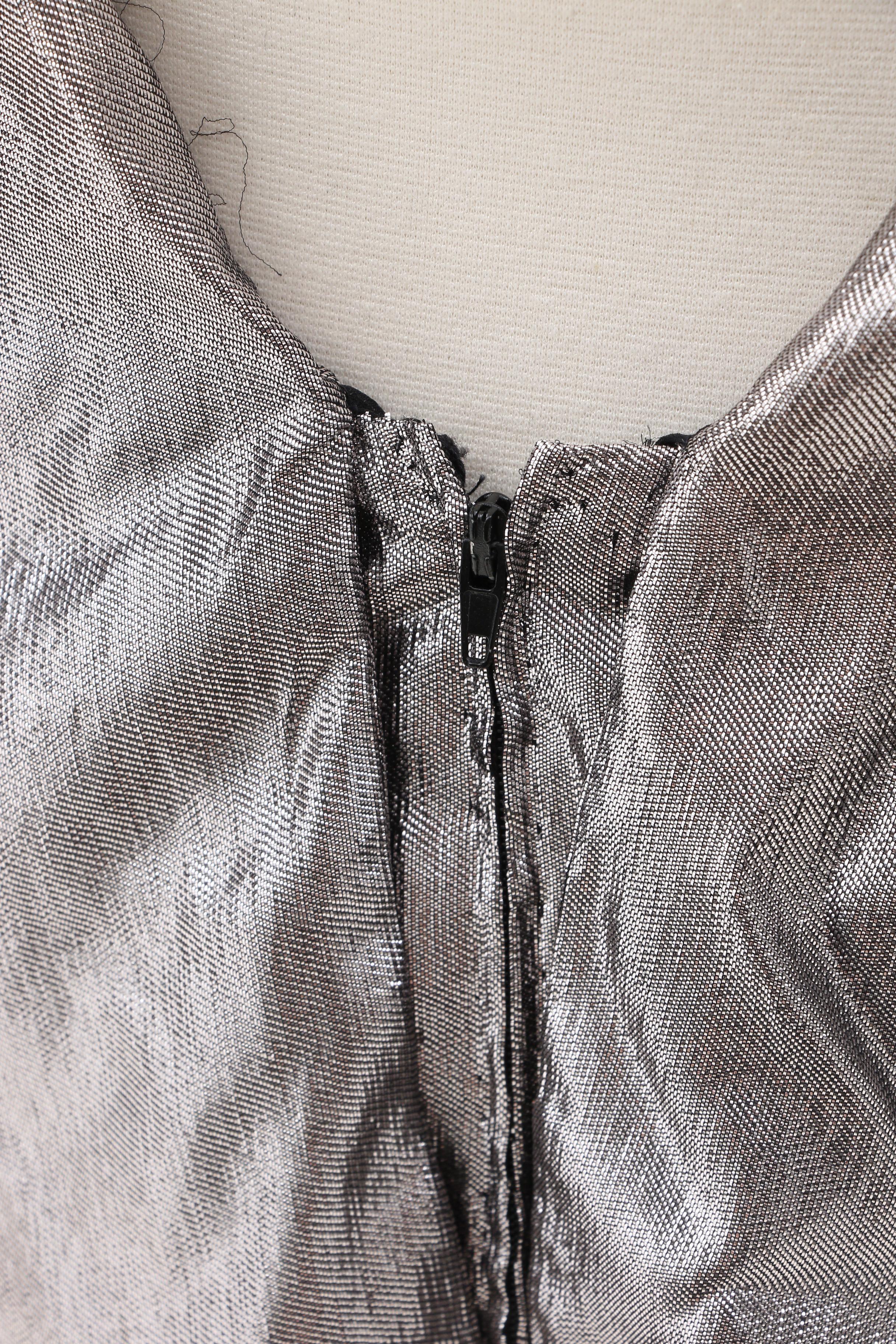 Pauline Trigère Flocked Silk Skirt Suit with Silver Lamé Bodysuit, 1970s Vintage