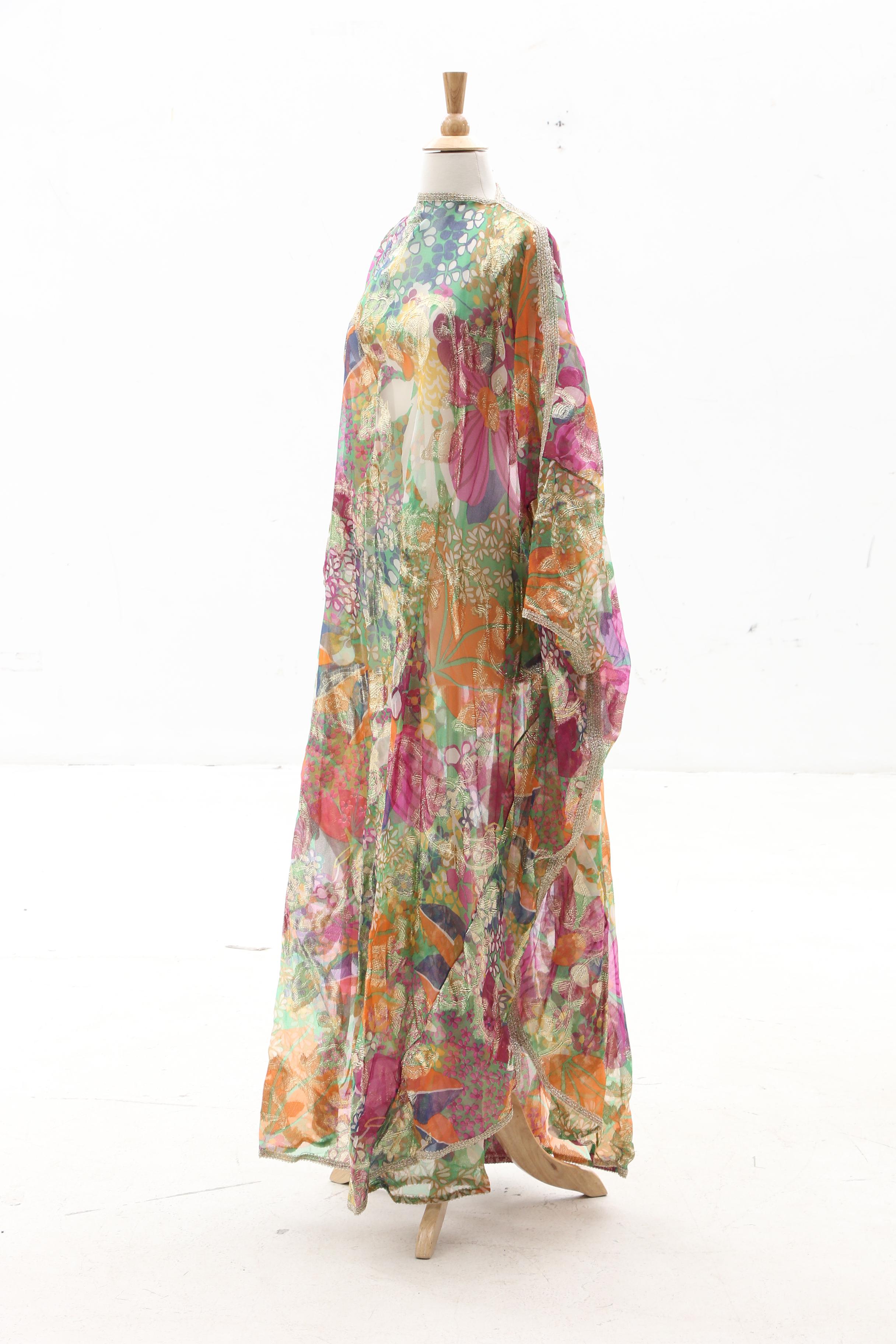 Floral Print Kaftan with Metallic Gold Accents, Late 1960s Vintage
